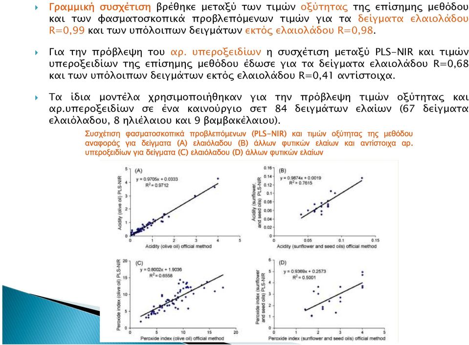 υπεροξειδίων η συσχέτιση µεταξύ PLS-NIR και τιµών υπεροξειδίων τη επίσηµη µεθόδου έδωσε για τα δείγµατα ελαιολάδου R=0,68 και των υπόλοιπων δειγµάτων εκτό ελαιολάδου R=0,41 αντίστοιχα.
