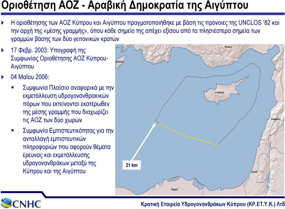 2003: Υπογραφή της Συμφωνίας Οριοθέτησης ΑΟΖ Κύπρου- Αιγύπτου 04 Μαΐου 2006: Συμφωνία Πλαίσιο αναφορικά με την εκμετάλλευση υδρογονανθρακικών πόρων που εκτείνονται