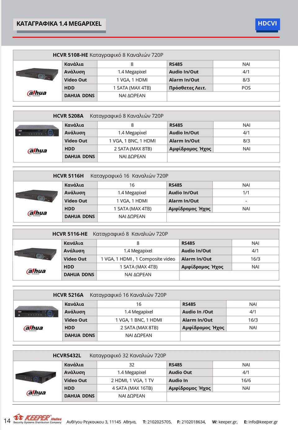 4 Megapixel Audio In/Out 4/1 Video Out 1 VGA, 1 BNC, 1 HDMI Alarm In/Out 8/3 HDD 2 SATA (MAX 8TB) Αμφίδρομος Ήχος ΝΑΙ HCVR 5116H Καταγραφικό 16 Καναλιών 720P Κανάλια 16 RS485 ΝΑΙ Ανάλυση 1.