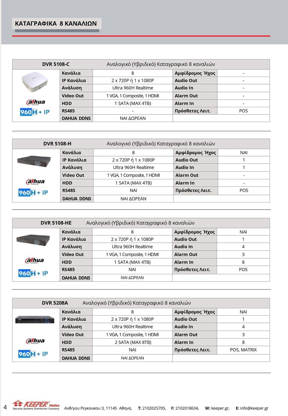 POS DVR 5108-H Αναλογικό (Yβριδικό) Καταγραφικό 8 καναλιών Κανάλια 8 Αμφίδρομος Ήχος ΝΑΙ IP Κανάλια 2 x 720P ή 1 x 1080P Audio Out 1 Ανάλυση Ultra 960H Realtime Audio In 1 Video Out 1 VGA, 1