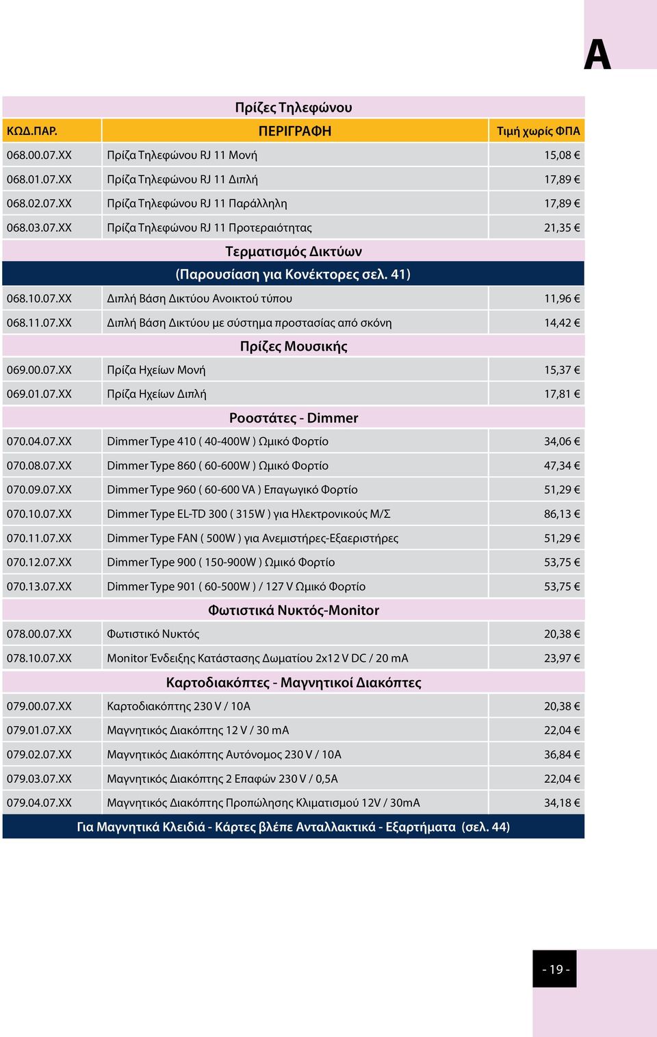 00.07.ΧΧ Πρίζες Μουσικής Πρίζα Ηχείων Μονή 15,37 069.01.07.ΧΧ Πρίζα Ηχείων Διπλή 17,81 Ροοστάτες - Dimmer 070.04.07.ΧΧ Dimmer Type 410 ( 40-400W ) Ωμικό Φορτίο 34,06 070.08.07.ΧΧ Dimmer Type 860 ( 60-600W ) Ωμικό Φορτίο 47,34 070.