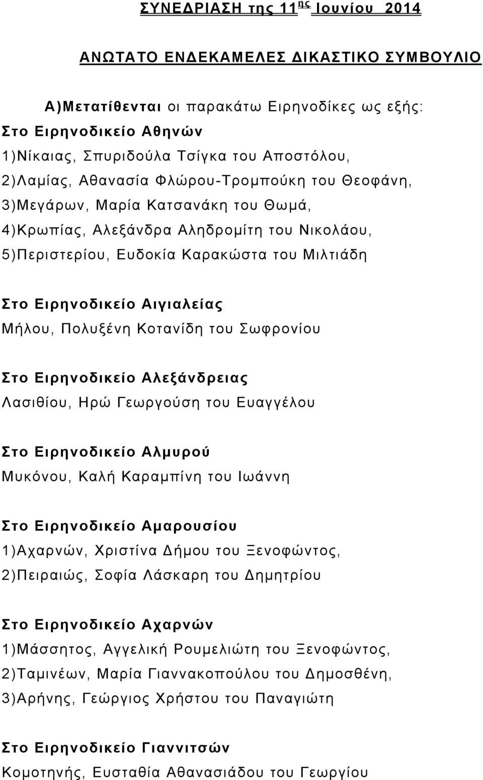 Μήλου, Πολυξένη Κοτανίδη του Σωφρονίου Στο Ειρηνοδικείο Αλεξάνδρειας Λασιθίου, Ηρώ Γεωργούση του Ευαγγέλου Στο Ειρηνοδικείο Αλµυρού Μυκόνου, Καλή Καραµπίνη του Ιωάννη Στο Ειρηνοδικείο Αµαρουσίου