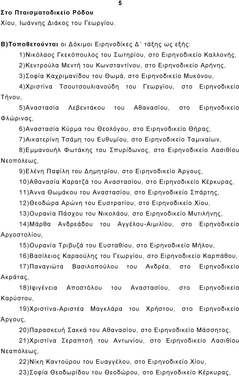 Καχριµανίδου του Θωµά, στο Ειρηνοδικείο Μυκόνου, 4)Χριστίνα Τσουτσουλιανούδη του Γεωργίου, στο Ειρηνοδικείο Τήνου, 5)Αναστασία Λεβεντάκου του Αθανασίου, στο Ειρηνοδικείο Φλώρινας, 6)Αναστασία Κύρµα