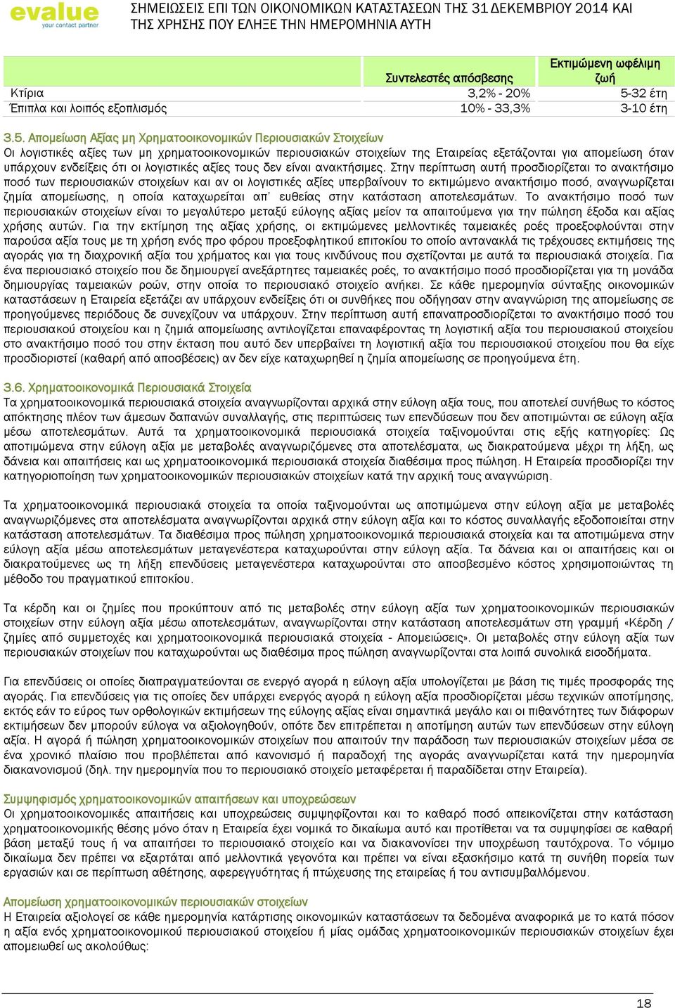 Απομείωση Αξίας μη Χρηματοοικονομικών Περιουσιακών Στοιχείων Οι λογιστικές αξίες των μη χρηματοοικονομικών περιουσιακών στοιχείων της Εταιρείας εξετάζονται για απομείωση όταν υπάρχουν ενδείξεις ότι