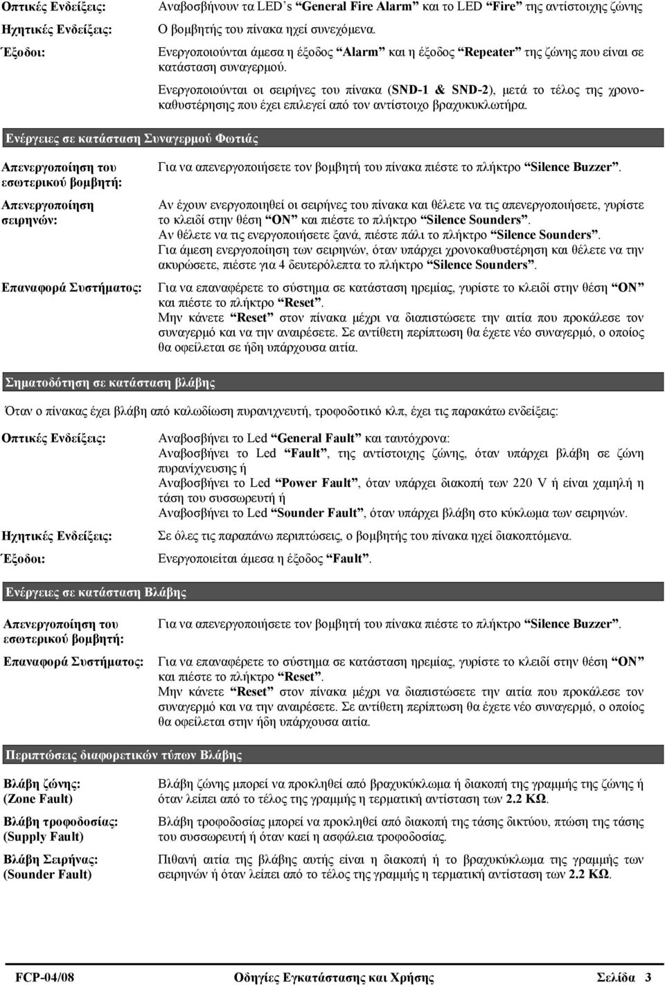 Ενεργοποιούνται οι σειρήνες του πίνακα (SND-1 & SND-2), μετά το τέλος της χρονοκαθυστέρησης που έχει επιλεγεί από τον αντίστοιχο βραχυκυκλωτήρα.