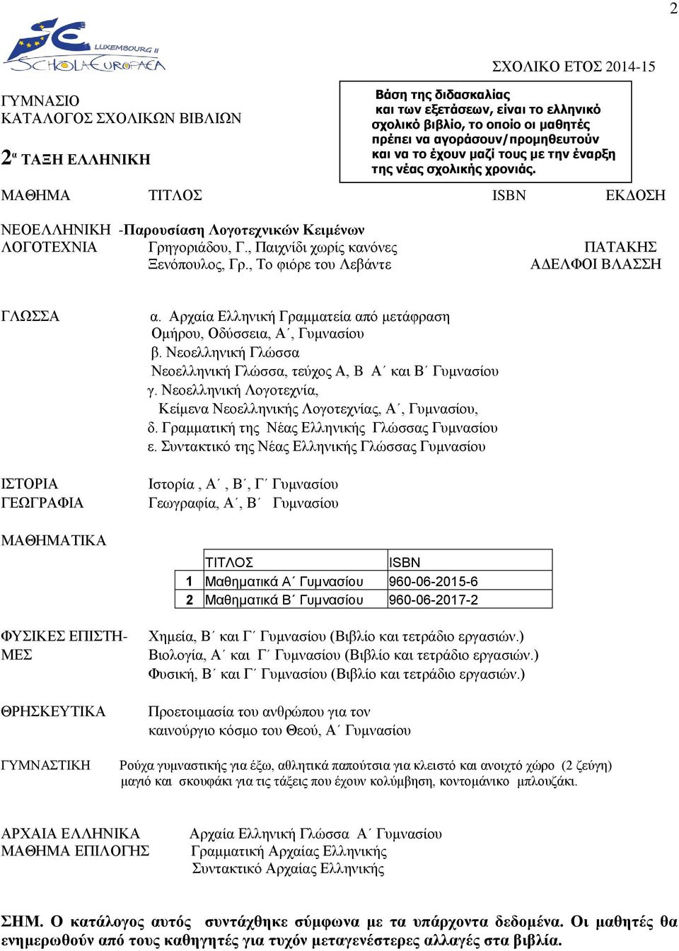 Νεοελληνική Γλώσσα Νεοελληνική Γλώσσα, τεύχος Α, B Α και Β Γυμνασίου γ. Νεοελληνική Λογοτεχνία, Κείμενα Νεοελληνικής Λογοτεχνίας, Α, Γυμνασίου, δ. Γραμματική της Νέας Ελληνικής Γλώσσας Γυμνασίου ε.