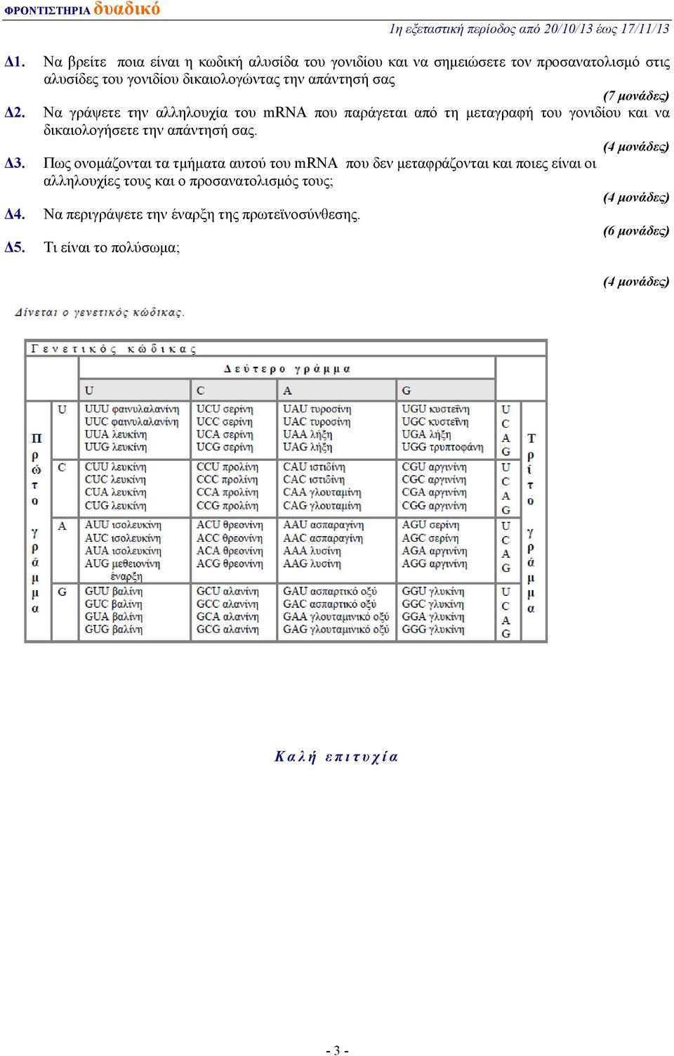 Να γράψετε την αλληλουχία του mrna που παράγεται από τη μεταγραφή του γονιδίου και να δικαιολογήσετε την απάντησή σας. Δ3.