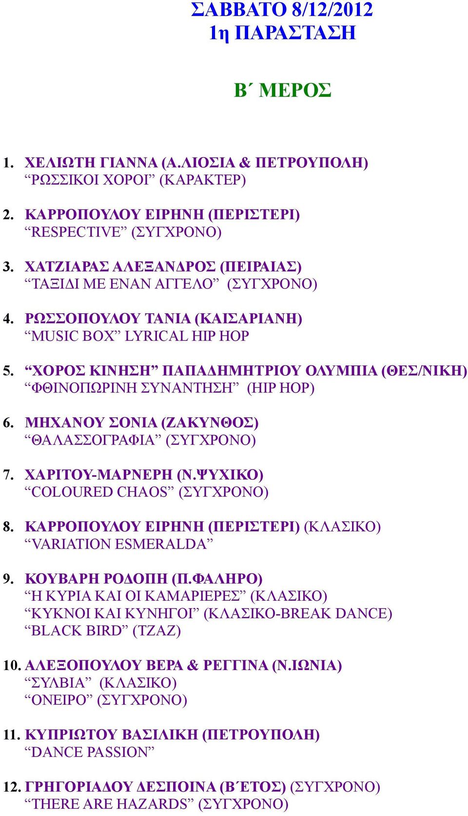 ΧΟΡΟΣ ΚΙΝΗΣΗ ΠΑΠΑΔΗΜΗΤΡΙΟΥ ΟΛΥΜΠΙΑ (ΘΕΣ/ΝΙΚΗ) ΦΘΙΝΟΠΩΡΙΝΗ ΣΥΝΑΝΤΗΣΗ (ΗIP HOP) 6. ΜΗΧΑΝΟΥ ΣΟΝΙΑ (ΖΑΚΥΝΘΟΣ) ΘΑΛΑΣΣΟΓΡΑΦΙΑ (ΣΥΓΧΡΟΝΟ) 7. ΧΑΡΙΤΟΥ-ΜΑΡΝΕΡΗ (Ν.ΨΥΧΙΚΟ) COLOURED CHAOS (ΣΥΓΧΡΟΝΟ) 8.
