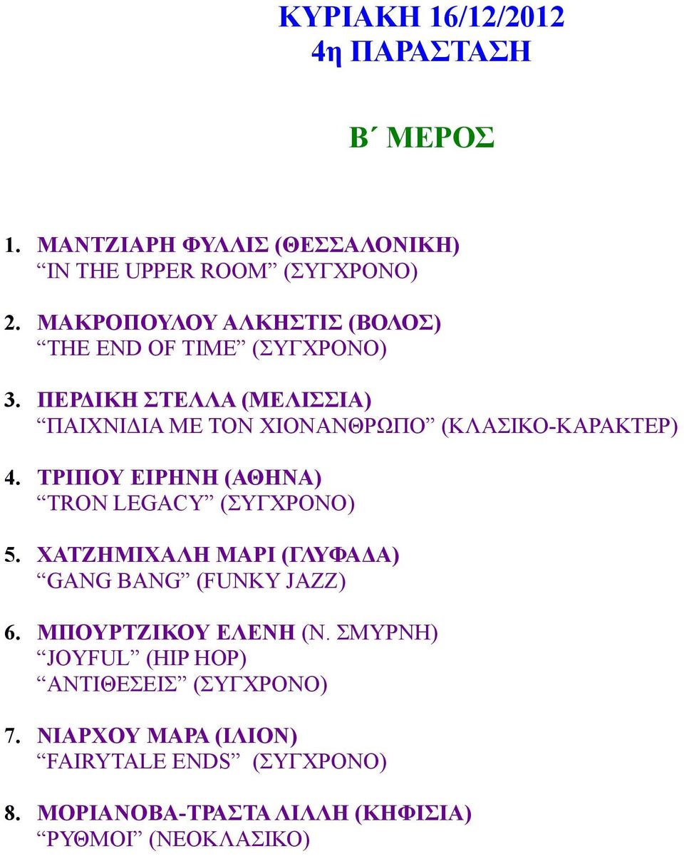 ΠΕΡΔΙΚΗ ΣΤΕΛΛΑ (ΜΕΛΙΣΣΙΑ) ΠΑΙΧΝΙΔΙΑ ΜΕ ΤΟΝ ΧΙΟΝΑΝΘΡΩΠΟ (ΚΛΑΣΙΚΟ-ΚΑΡΑΚΤΕΡ) 4. ΤΡΙΠΟΥ ΕΙΡΗΝΗ (ΑΘΗΝΑ) TRON LEGACY (ΣΥΓΧΡΟΝΟ) 5.