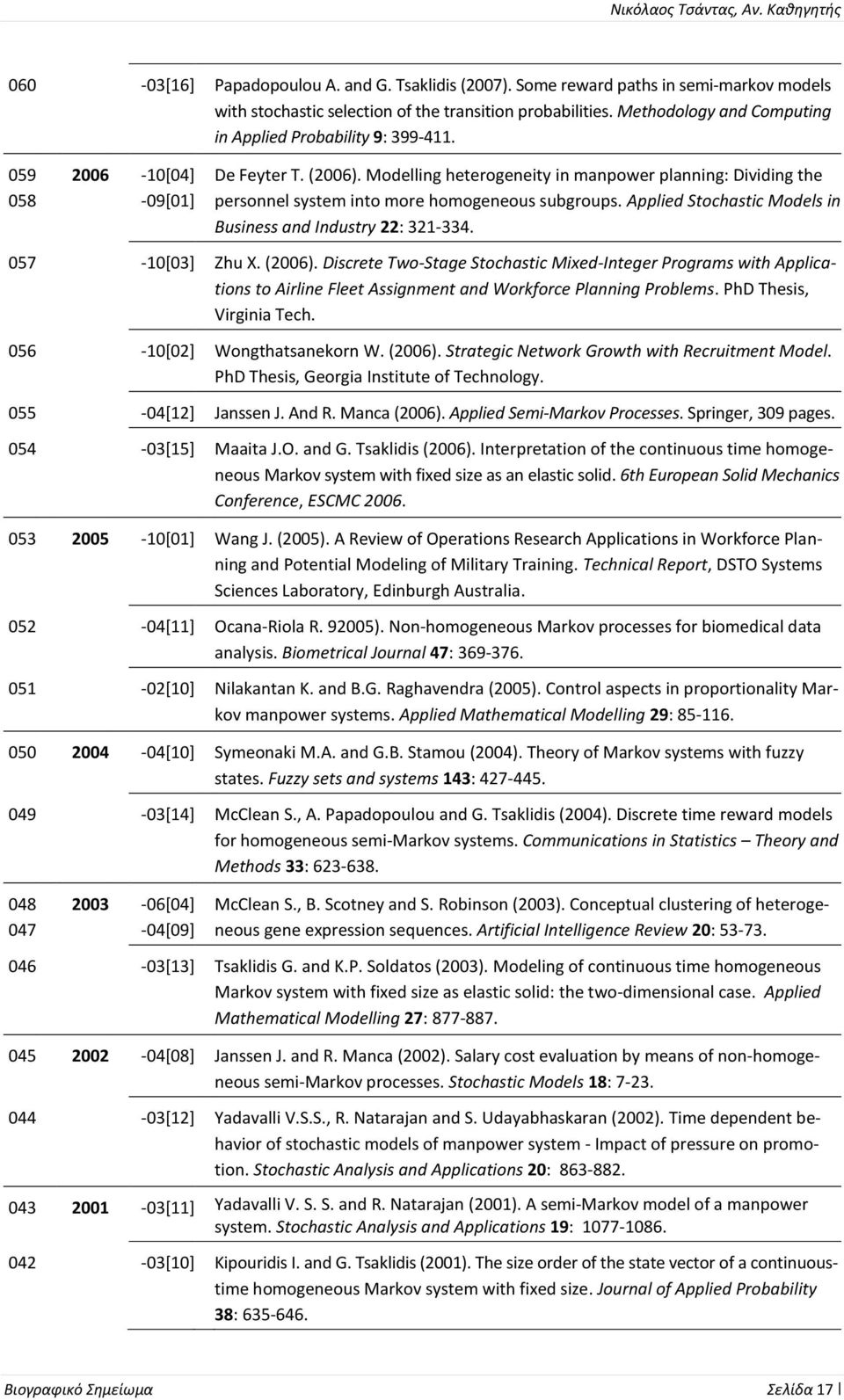 Modelling heterogeneity in manpower planning: Dividing the personnel system into more homogeneous subgroups. Applied Stochastic Models in Business and Industry 22: 321-334. 057-10[03] Zhu X. (2006).