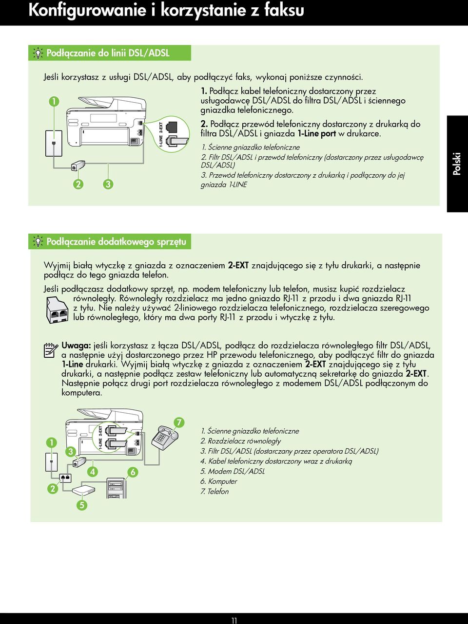 Podłącz przewód telefoniczny dostarczony z drukarką do filtra DSL/ADSL i gniazda 1-Line port w drukarce. 1. Ścienne gniazdko telefoniczne 2.