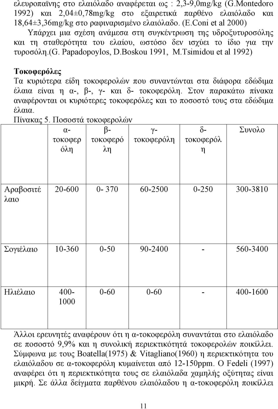 Tsimidou et al 1992) Τοκοφερόλες Τα κυριότερα είδη τοκοφερολών που συναντώνται στα διάφορα εδώδιµα έλαια είναι η α-, β-, γ- και δ- τοκοφερόλη.