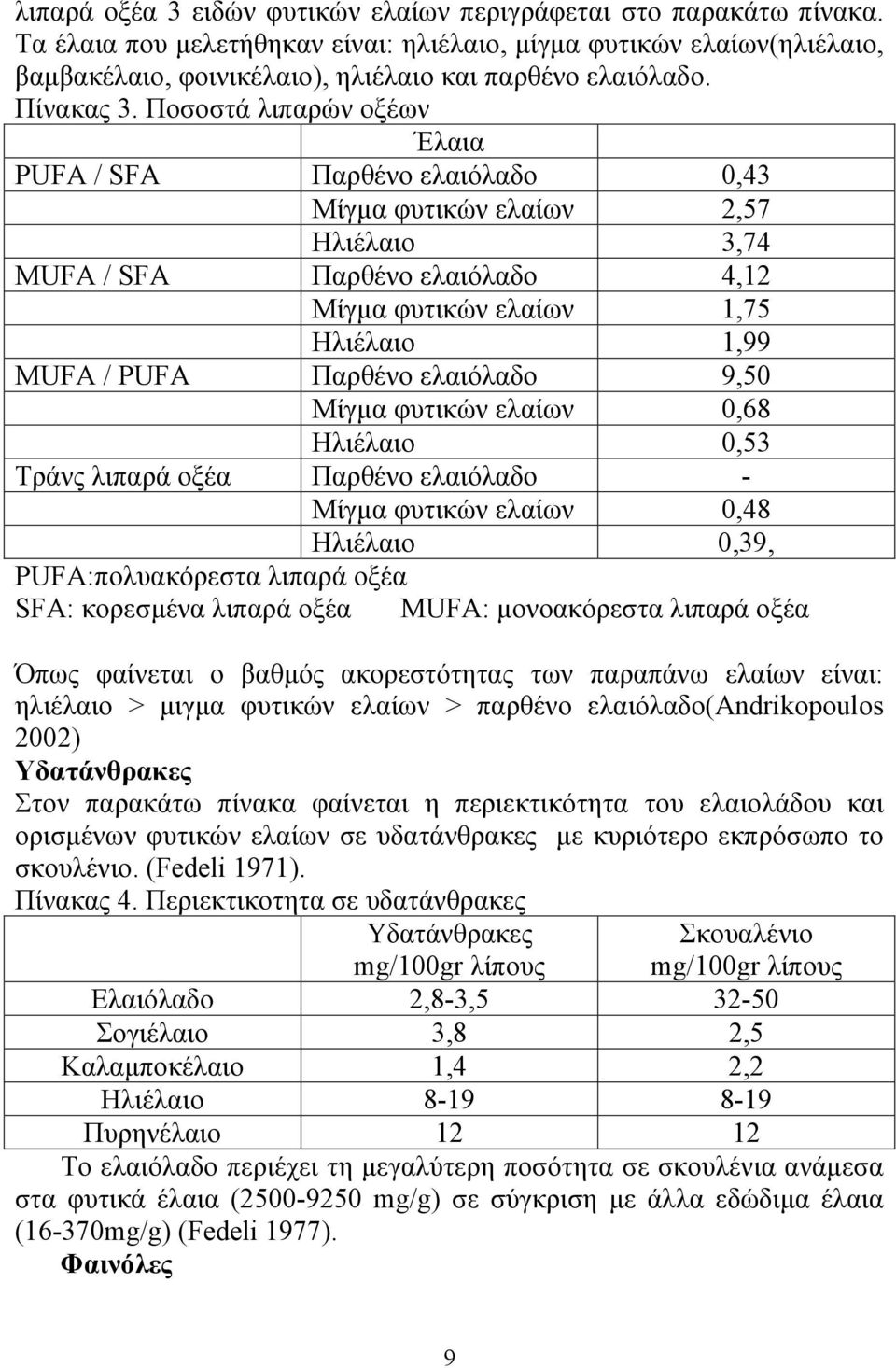 Ποσοστά λιπαρών οξέων Έλαια PUFA / SFA Παρθένο ελαιόλαδο 0,43 Μίγµα φυτικών ελαίων 2,57 Ηλιέλαιο 3,74 MUFA / SFA Παρθένο ελαιόλαδο 4,12 Μίγµα φυτικών ελαίων 1,75 Ηλιέλαιο 1,99 MUFA / PUFA Παρθένο