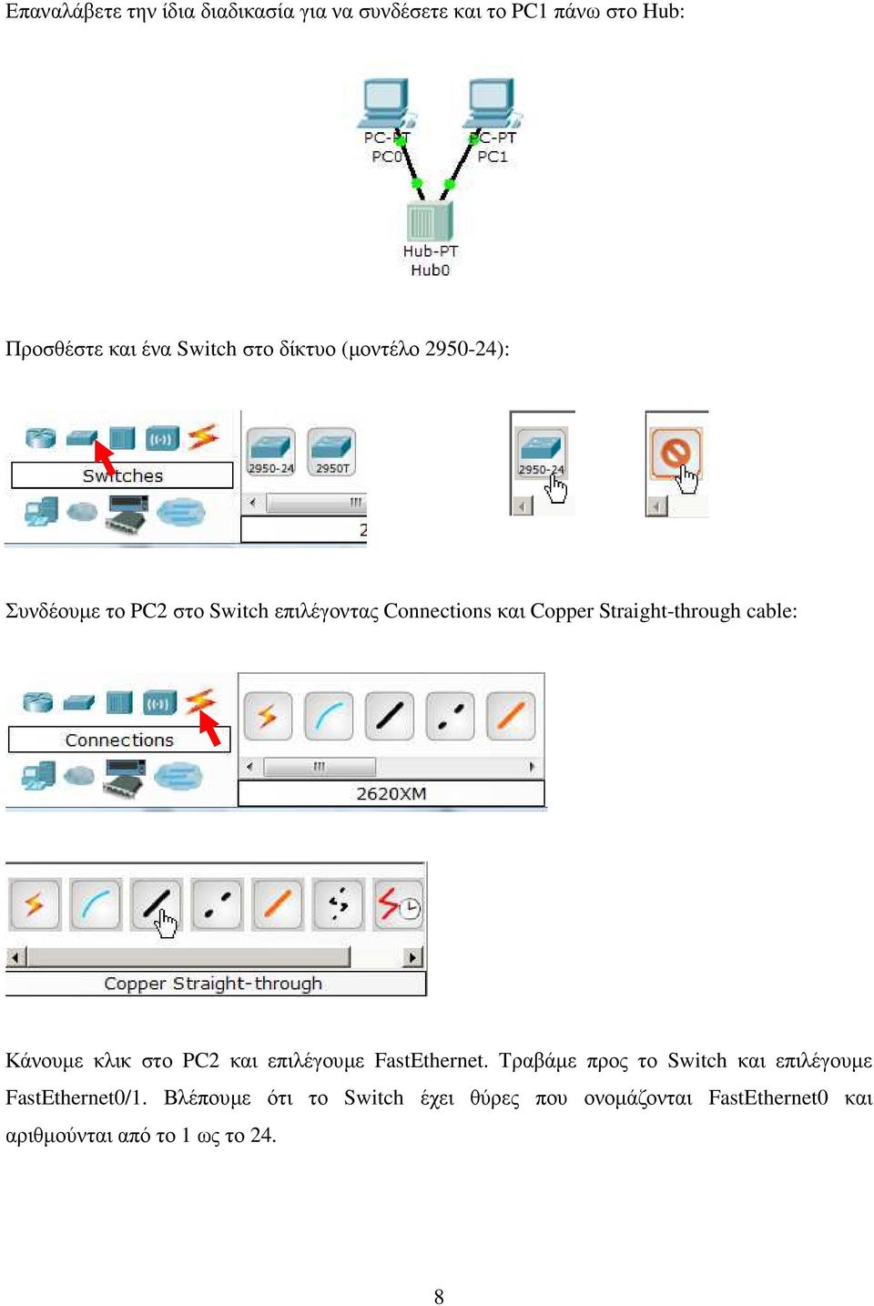 cable: Κάνουµε κλικ στο PC2 και επιλέγουµε FastEthernet.