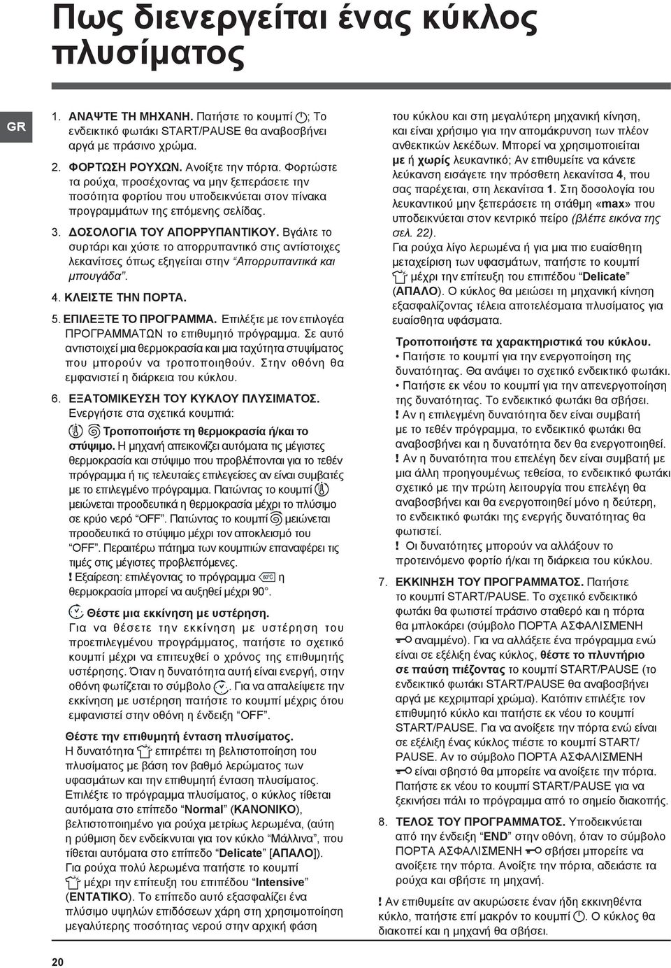Βγάλτε το συρτάρι και χύστε το απορρυπαντικό στις αντίστοιχες λεκανίτσες όπως εξηγείται στην Απορρυπαντικά και μπουγάδα. 4. ΚΛΕΙΣΤΕ ΤΗΝ ΠΟΡΤΑ. 5. ΕΠΙΛΕΞΤΕ ΤΟ ΠΡΟΓΡΑΜΜΑ.
