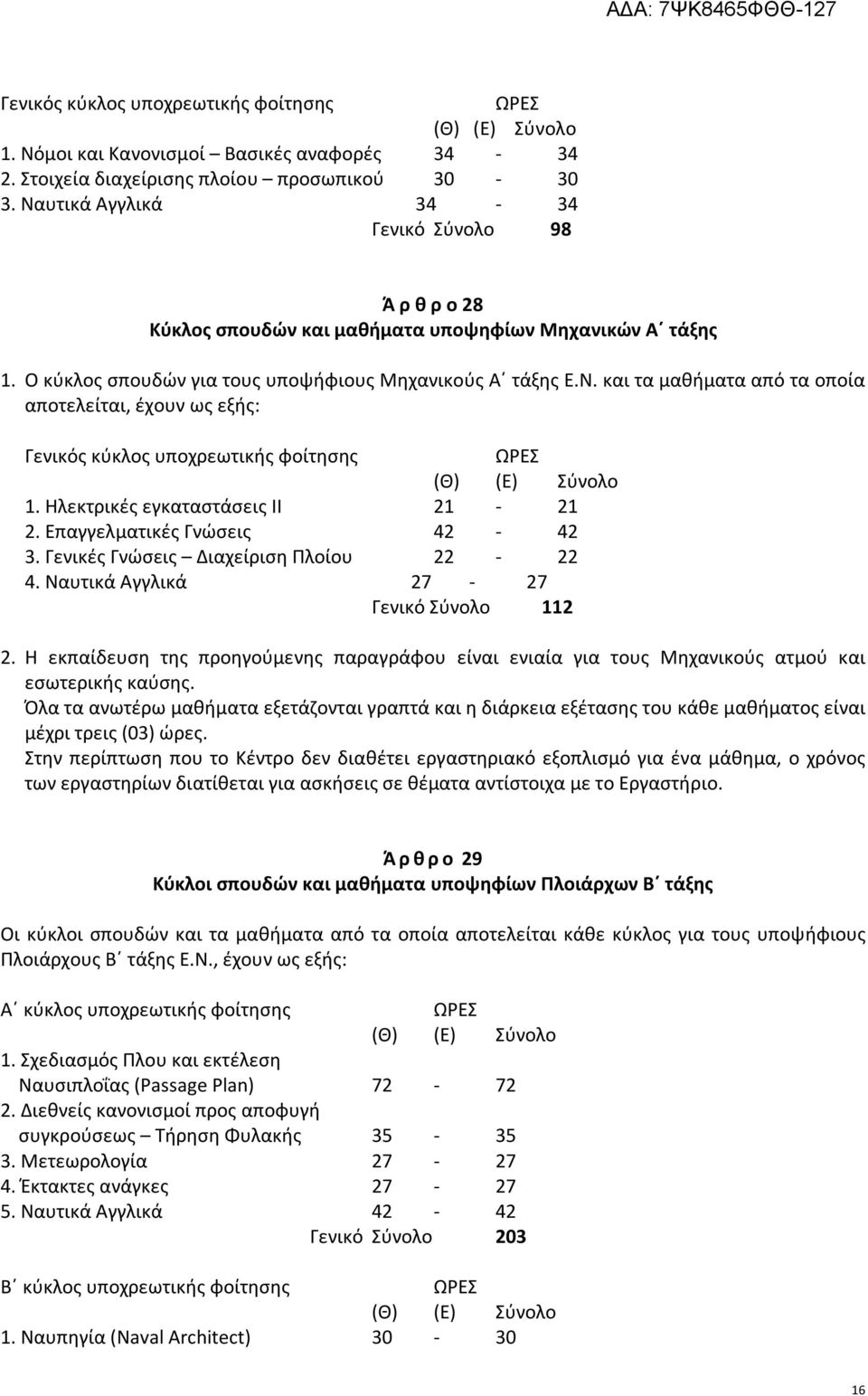 Ηλεκτρικές εγκαταστάσεις ΙΙ 21-21 2. Επαγγελματικές Γνώσεις 42-42 3. Γενικές Γνώσεις Διαχείριση Πλοίου 22-22 4. Ναυτικά Αγγλικά 27-27 Γενικό Σύνολο 112 2.