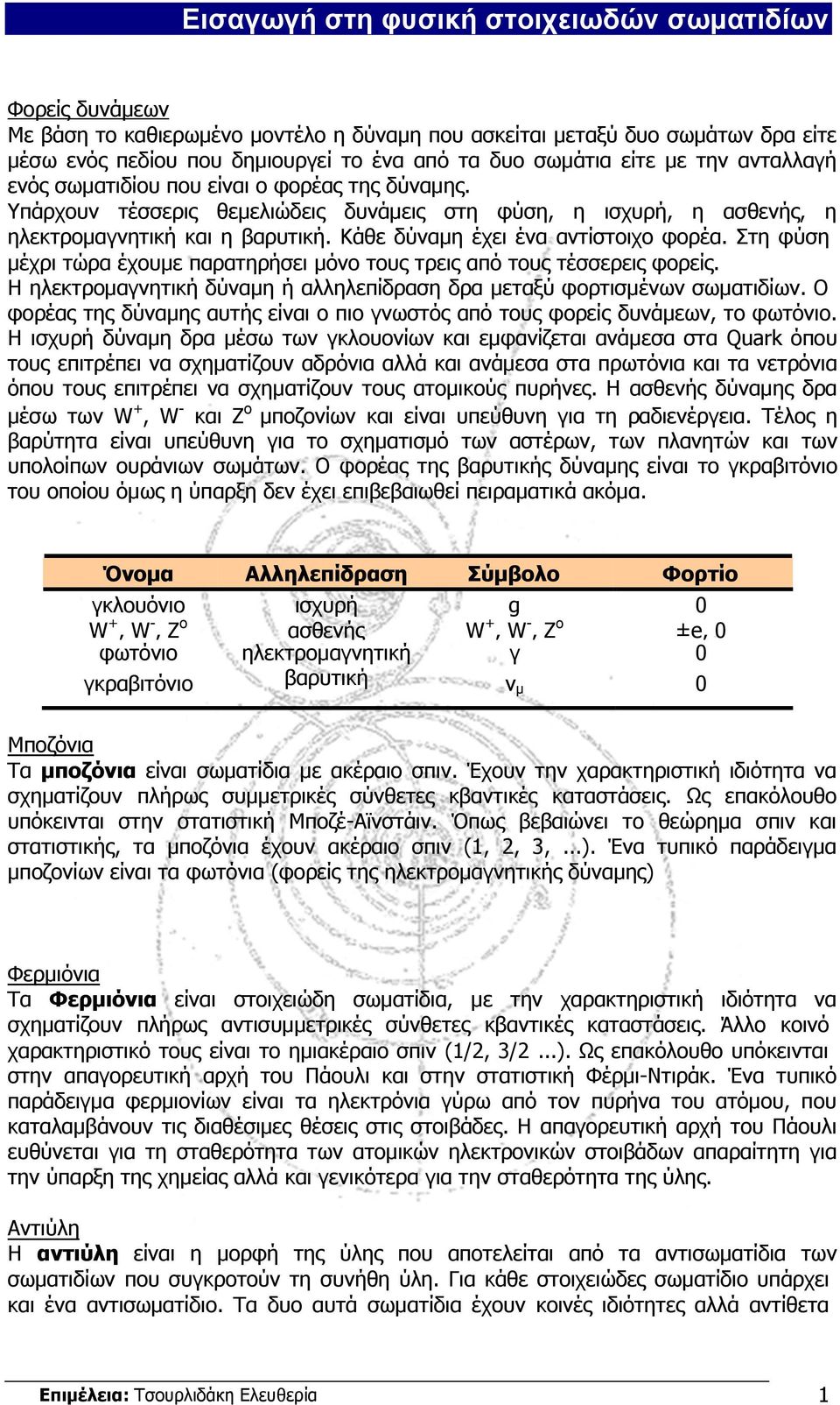 Στη φύση μέχρι τώρα έχουμε παρατηρήσει μόνο τους τρεις από τους τέσσερεις φορείς. Η ηλεκτρομαγνητική δύναμη ή αλληλεπίδραση δρα μεταξύ φορτισμένων σωματιδίων.