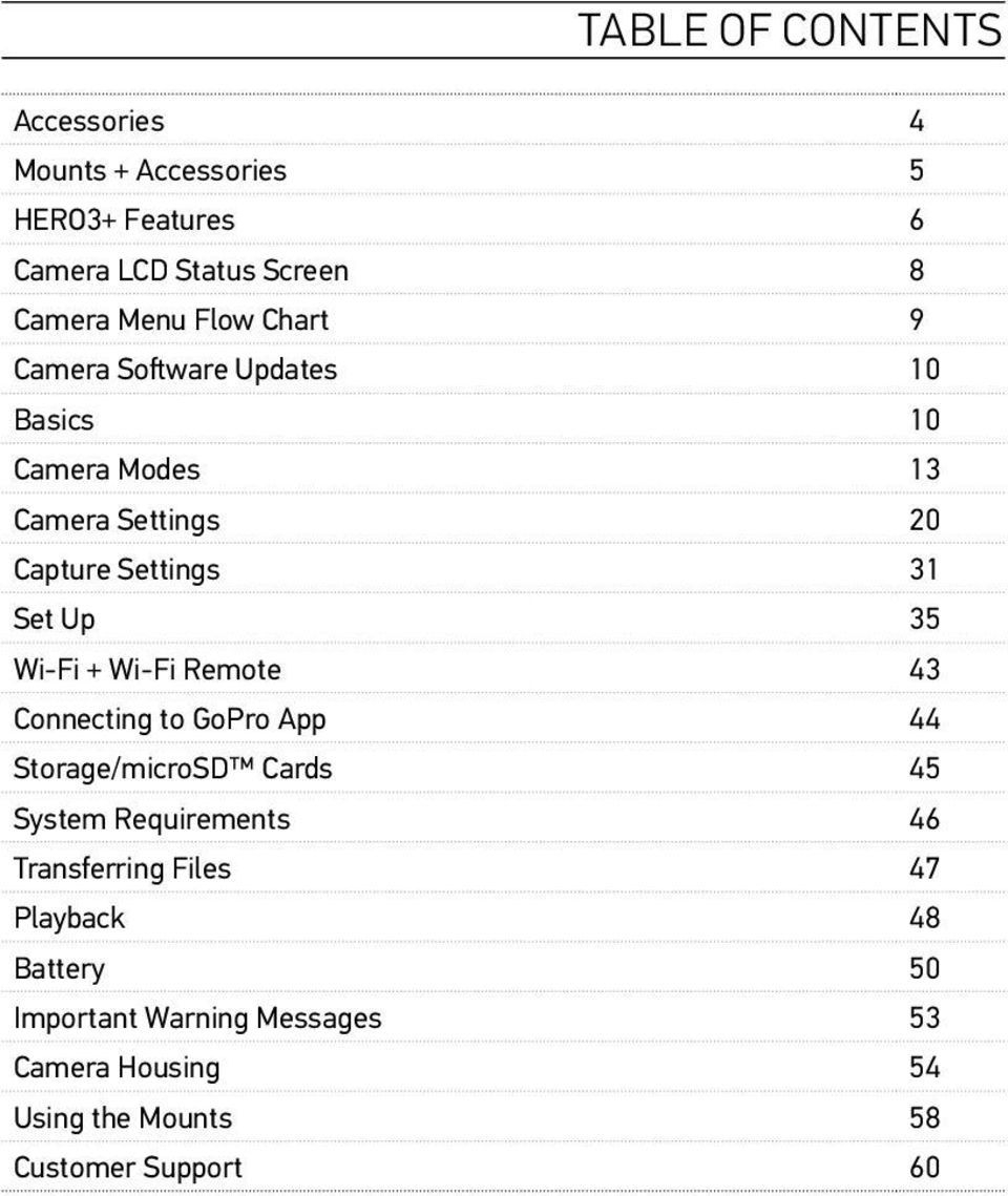 Wi-Fi + Wi-Fi Remote 43 Connecting to GoPro App 44 Storage/microSD Cards 45 System Requirements 46 Transferring