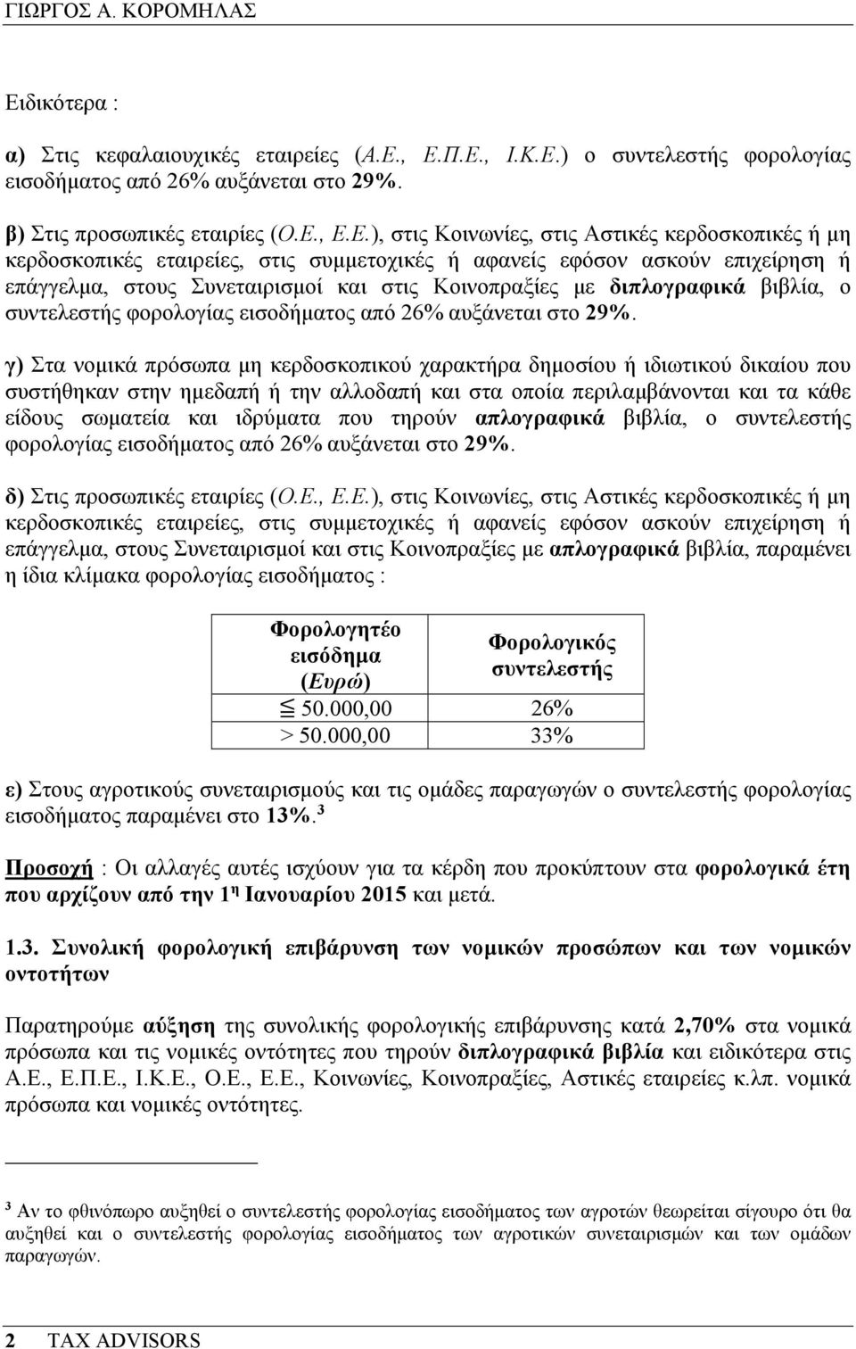 , Ε.Π.Ε., Ι.Κ.Ε.) ο συντελεστής φορολογίας εισοδήµατος από 26% αυξάνεται στο 29%. β) Στις προσωπικές εταιρίες (Ο.Ε., Ε.Ε.), στις Κοινωνίες, στις Αστικές κερδοσκοπικές ή µη κερδοσκοπικές εταιρείες,