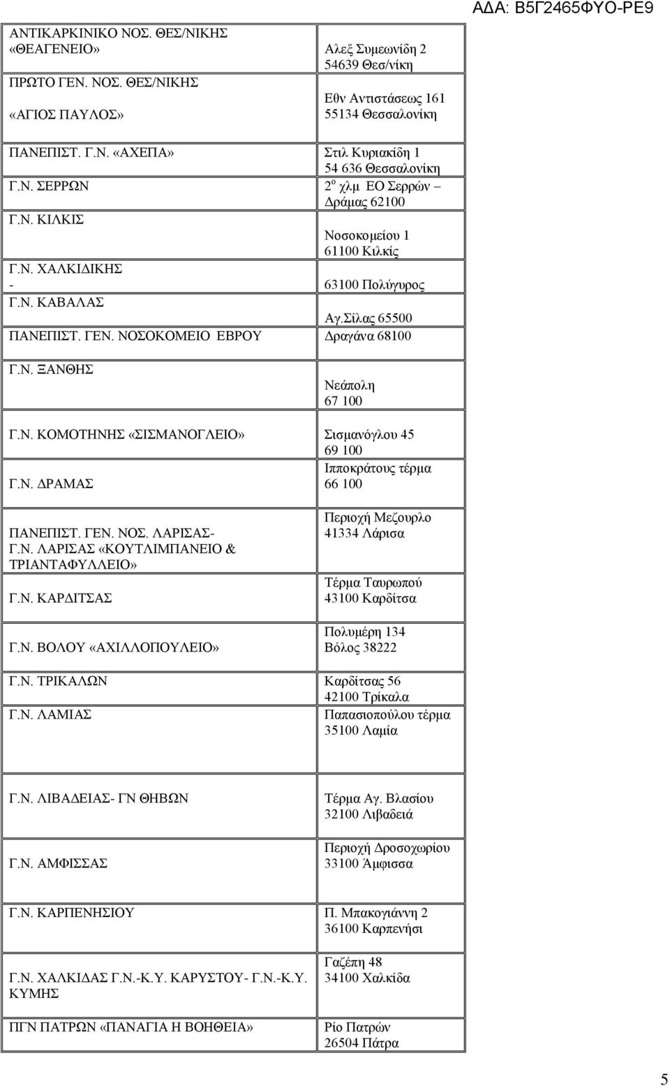 Ν. ΚΟΜΟΤΗΝΗΣ «ΣΙΣΜΑΝΟΓΛΕΙΟ» Σισμανόγλου 45 69 100 Ιπποκράτους τέρμα Γ.Ν. ΔΡΑΜΑΣ 66 100 ΠΑΝΕΠΙΣΤ. ΓΕΝ. ΝΟΣ. ΛΑΡΙΣΑΣ- Γ.Ν. ΛΑΡΙΣΑΣ «ΚΟΥΤΛΙΜΠΑΝΕΙΟ & ΤΡΙΑΝΤΑΦΥΛΛΕΙΟ» Γ.Ν. ΚΑΡΔΙΤΣΑΣ Γ.Ν. ΒΟΛΟΥ «ΑΧΙΛΛΟΠΟΥΛΕΙΟ» Περιοχή Μεζουρλο 41334 Λάρισα Τέρμα Ταυρωπού 43100 Καρδίτσα Πολυμέρη 134 Βόλος 38222 Γ.