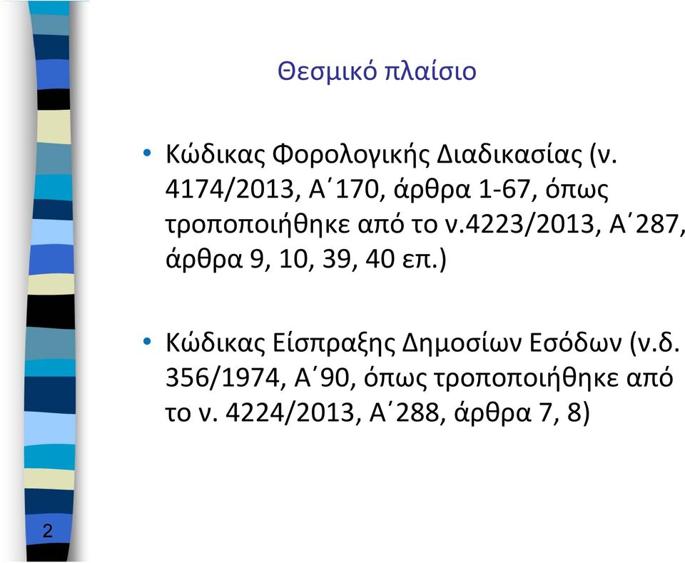 4223/2013, Α 287, άρθρα 9, 10, 39, 40 επ.