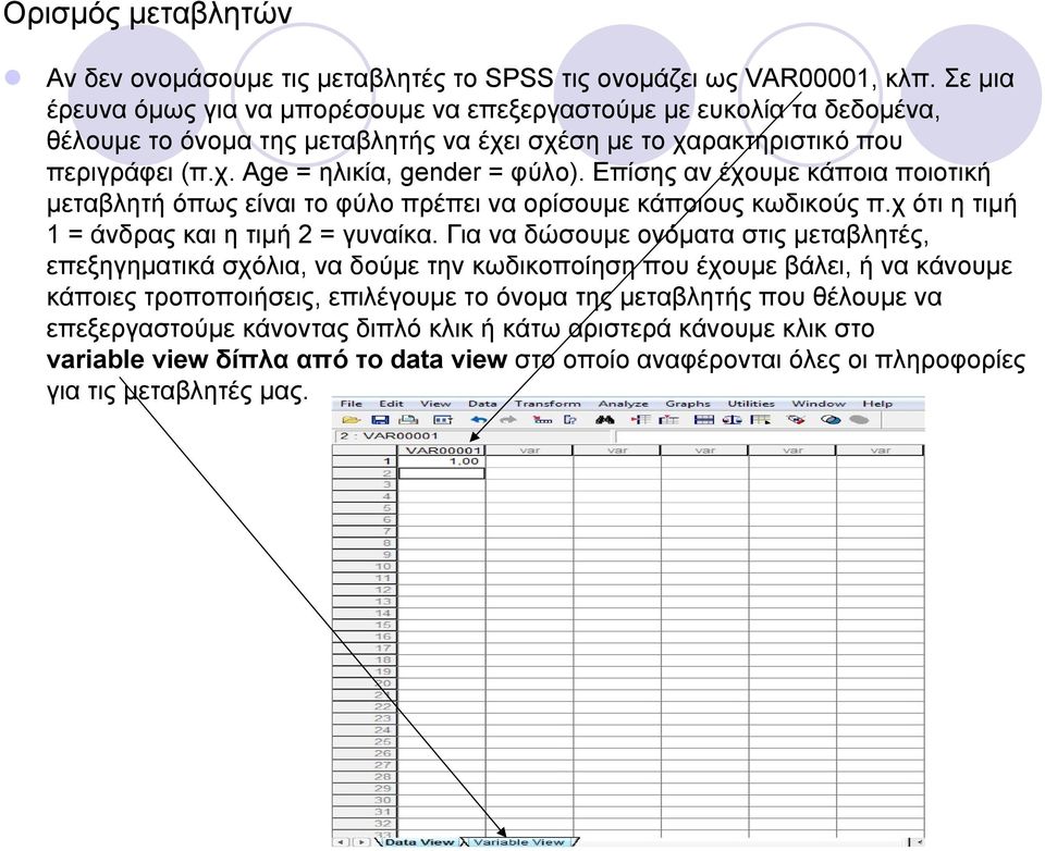 Επίσης αν έχουμε κάποια ποιοτική μεταβλητή όπως είναι το φύλο πρέπει να ορίσουμε κάποιους κωδικούς π.χ ότι η τιμή 1 = άνδρας και η τιμή 2 = γυναίκα.