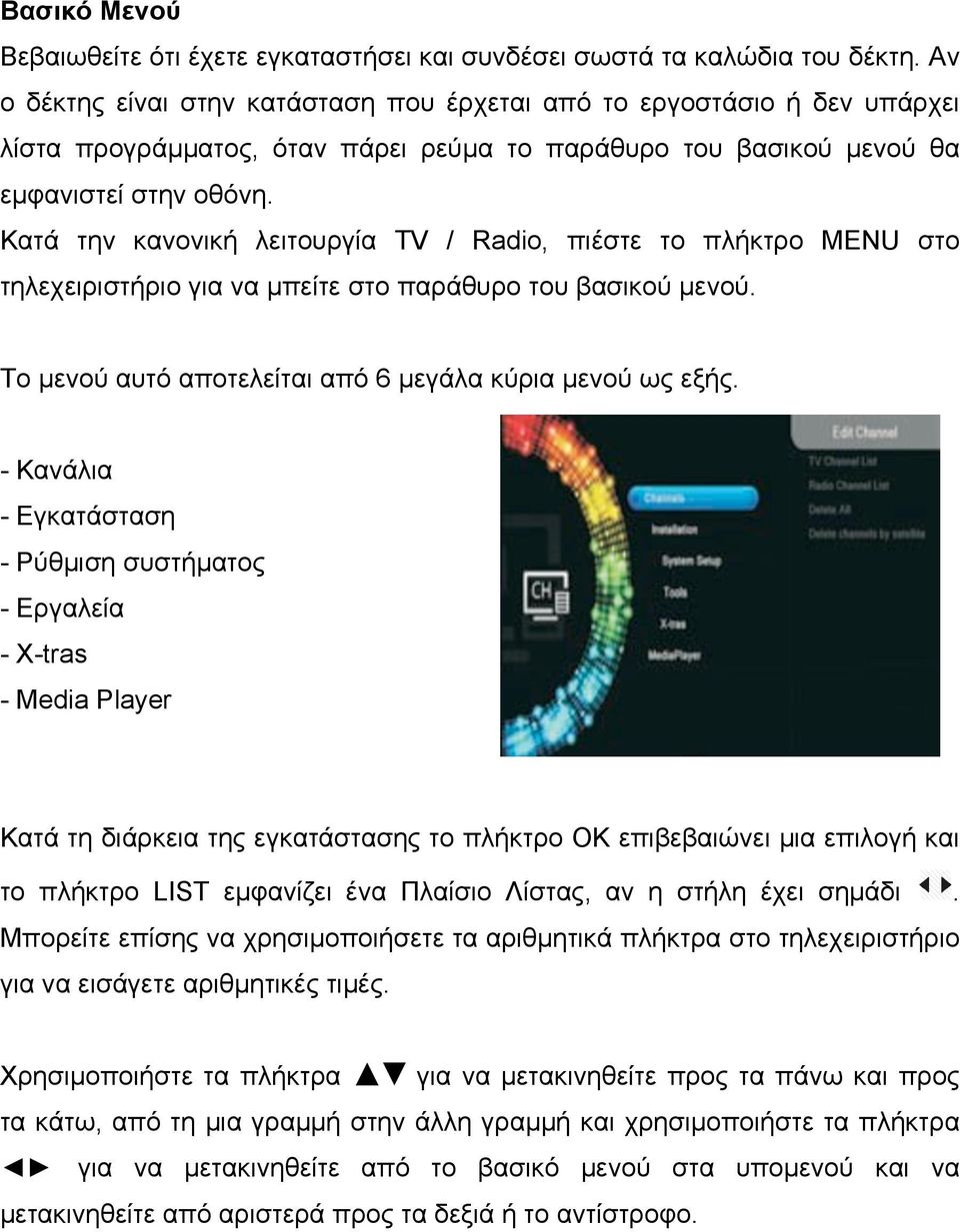 Κατά την κανονική λειτουργία TV / Radio, πιέστε το πλήκτρο MENU στο τηλεχειριστήριο για να µπείτε στο παράθυρο του βασικού µενού. Το µενού αυτό αποτελείται από 6 µεγάλα κύρια µενού ως εξής.