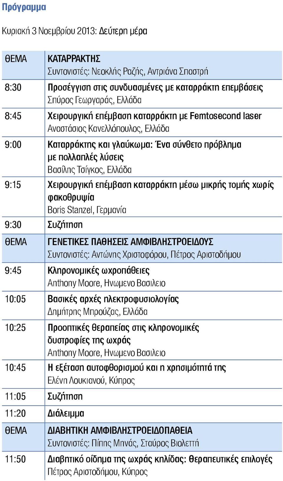 επέμβαση καταρράκτη μέσω μικρής τομής χωρίς φακοθρυψία Boris Stanzel, Γερμανία 9:30 Συζήτηση ΘEMA ΓΕΝΕΤΙΚΕΣ ΠΑΘΗΣΕΙΣ ΑΜΦΙΒΛΗΣΤΡΟΕΙΔΟΥΣ Συντονιστές: Αντώνης Χριστοφόρου, Πέτρος Αριστοδήμου 9:45