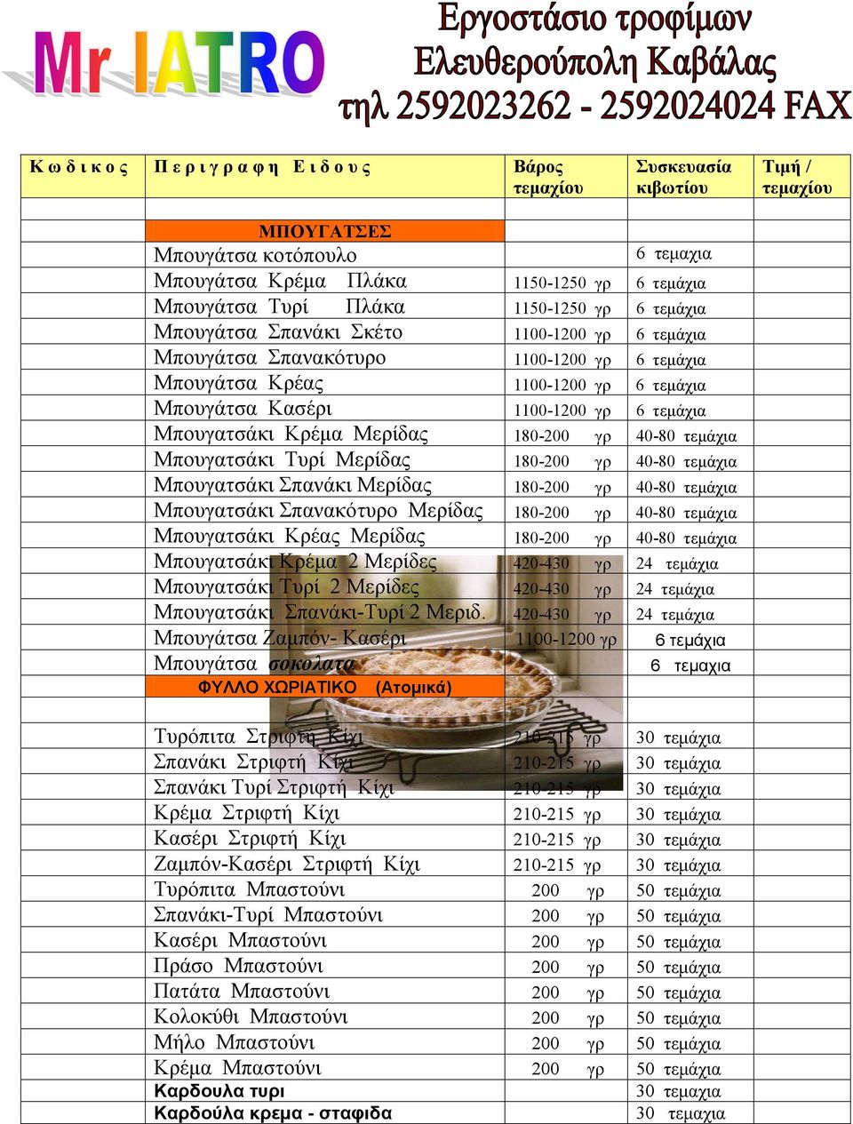 τεμάχια Μπουγατσάκι Σπανάκι Μερίδας 180-200 γρ 40-80 τεμάχια Μπουγατσάκι Σπανακότυρο Μερίδας 180-200 γρ 40-80 τεμάχια Μπουγατσάκι Κρέας Μερίδας 180-200 γρ 40-80 τεμάχια Μπουγατσάκι Κρέμα 2 Μερίδες