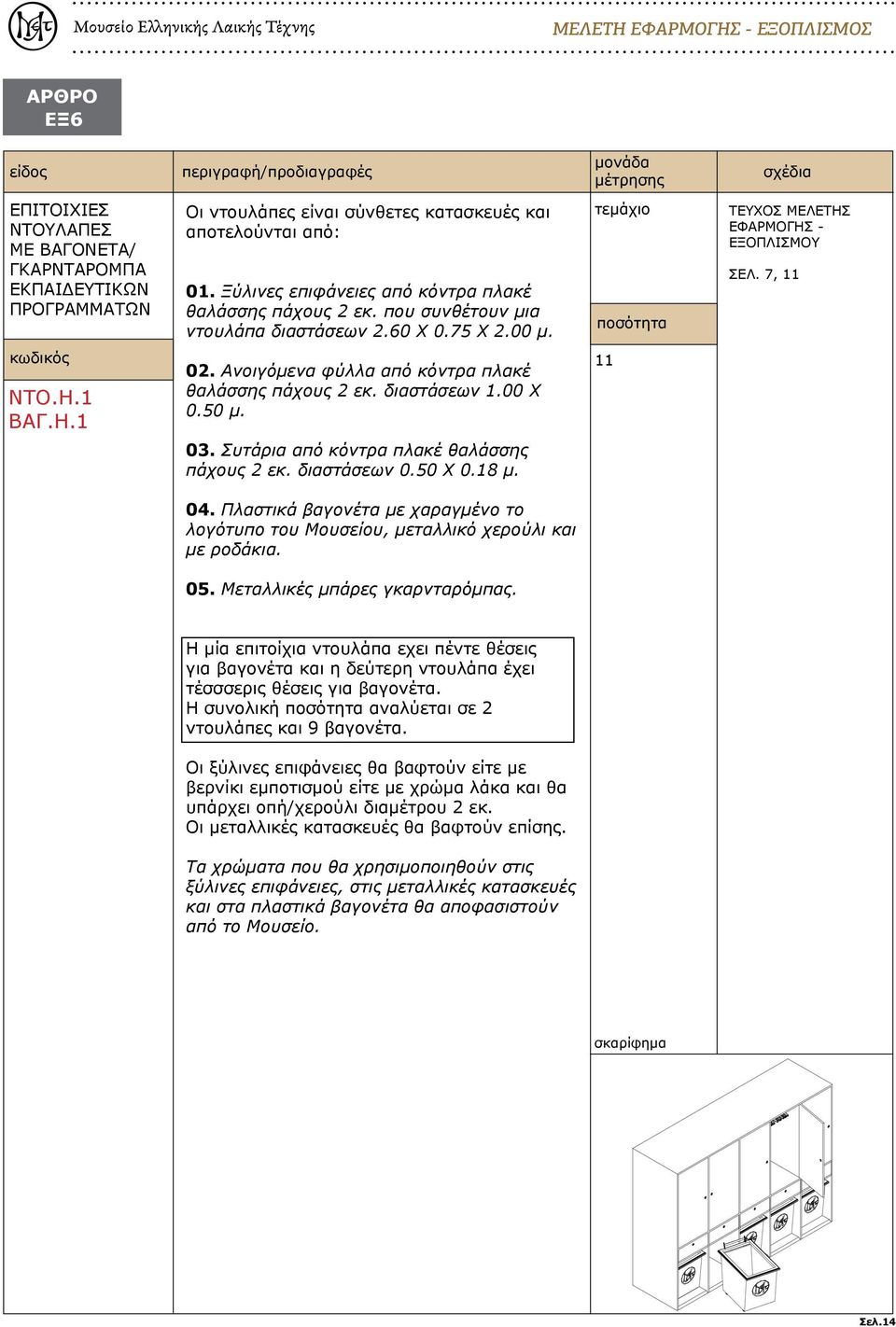 διαστάσεων.00 Χ 0.50 μ. 03. Συτάρια από κόντρα πλακέ θαλάσσης πάχους 2 εκ. διαστάσεων 0.50 Χ 0.8 μ. 04. Πλαστικά βαγονέτα με χαραγμένο το λογότυπο του Μουσείου, μεταλλικό χερούλι και με ροδάκια. 05.