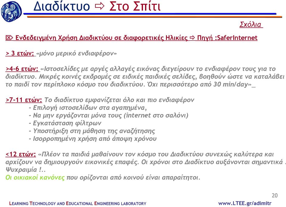 Όχι περισσότερο από 30 min/day» >7-11 ετών: Το διαδίκτυο εμφανίζεται όλο και πιο ενδιαφέρον - Επιλογή ιστοσελίδων στα αγαπημένα, - Να μην εργάζονται μόνα τους (internet στο σαλόνι) - Eγκατάσταση