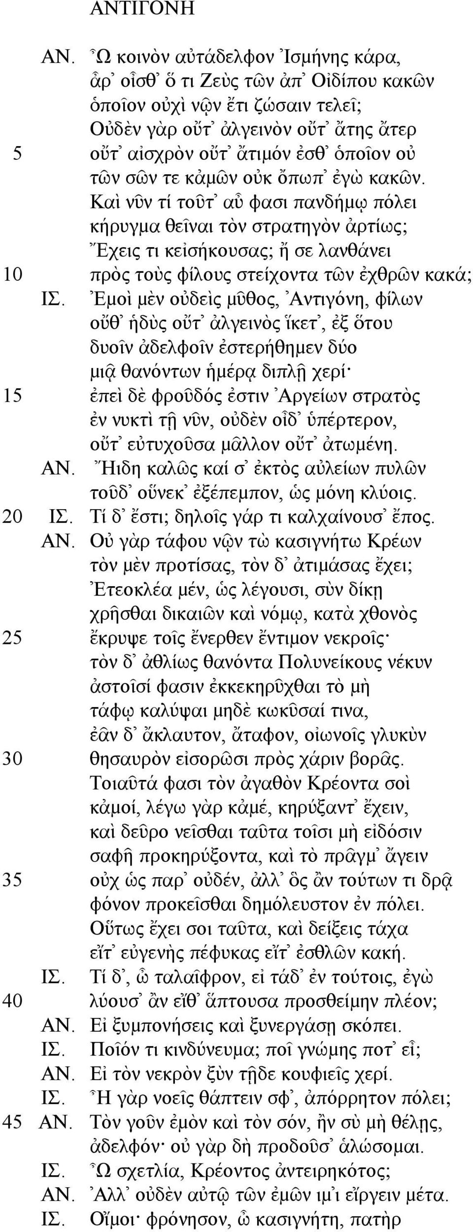 οὐκ ὄπωπ ἐγὼ κακῶν. Καὶ νῦν τί τοῦτ αὖ φασι πανδήµῳ πόλει κήρυγµα θεῖναι τὸν στρατηγὸν ἀρτίως; Εχεις τι κεἰσήκουσας; ἤ σε λανθάνει 10 πρὸς τοὺς φίλους στείχοντα τῶν ἐχθρῶν κακά; ΙΣ.