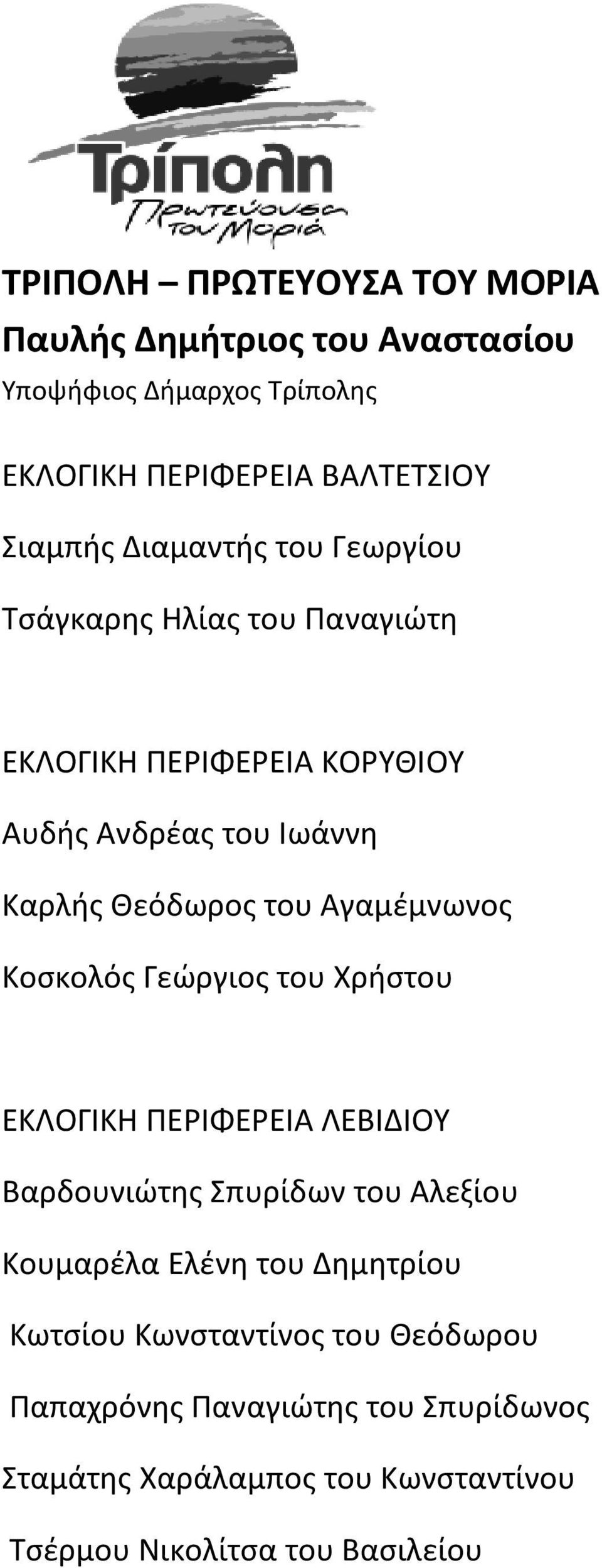 Αγαμέμνωνος Κοσκολός Γεώργιος του Χρήστου ΕΚΛΟΓΙΚΗ ΠΕΡΙΦΕΡΕΙΑ ΛΕΒΙΔΙΟΥ Βαρδουνιώτης Σπυρίδων του Αλεξίου Κουμαρέλα Ελένη του