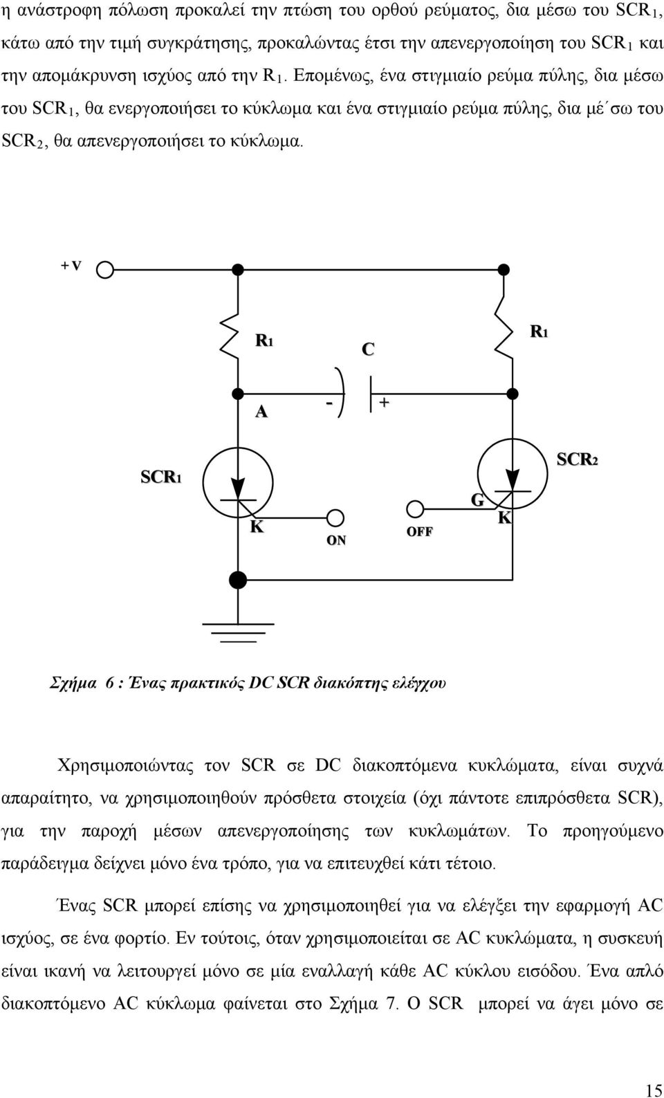 + V R1 C R1 A - + SCR1 K ON OFF G K SCR2 Σχήμα 6 : Ένας πρακτικός DC SCR διακόπτης ελέγχου Χρησιμοποιώντας τον SCR σε DC διακοπτόμενα κυκλώματα, είναι συχνά απαραίτητο, να χρησιμοποιηθούν πρόσθετα