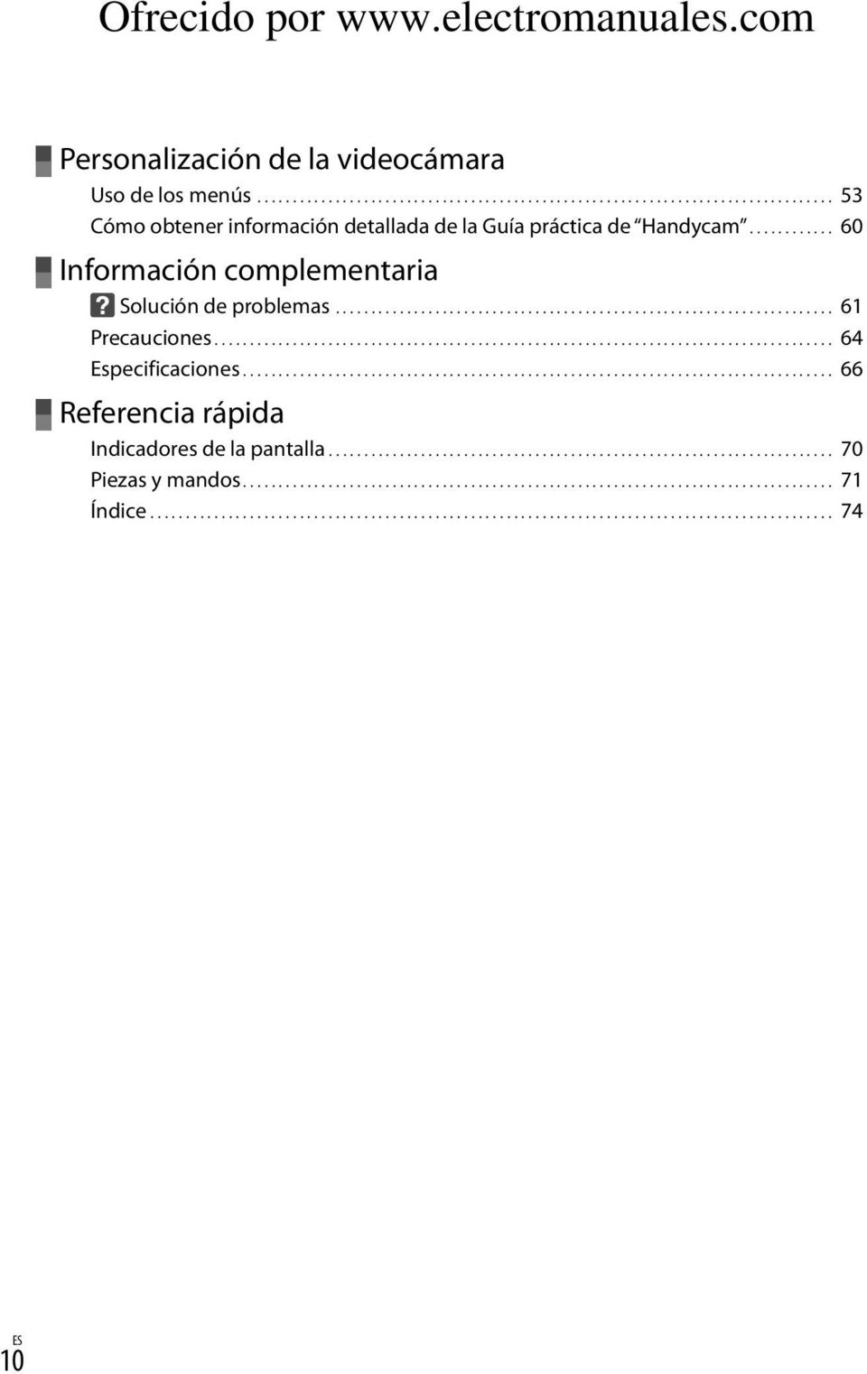 ................................................................................... 66 Referencia rápida Indicadores de la pantalla........................................................................ 70 Piezas y mandos.