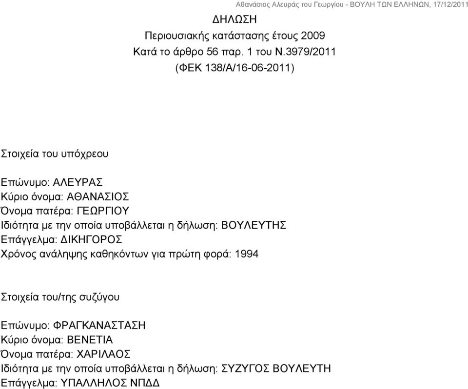 Ιδιότητα με την οποία υποβάλλεται η δήλωση: ΒΟΥΛΕΥΤΗΣ Επάγγελμα: ΔΙΚΗΓΟΡΟΣ Χρόνος ανάληψης καθηκόντων για πρώτη φορά: 1994