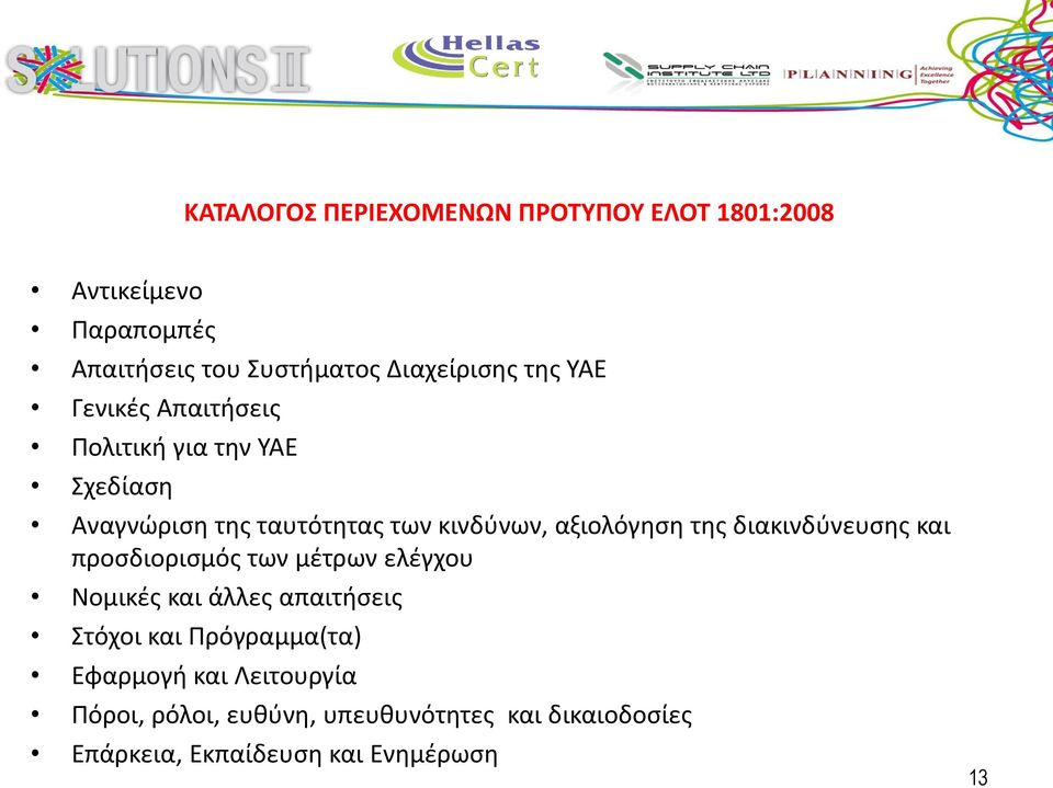 της διακινδύνευσης και προσδιορισμός των μέτρων ελέγχου Νομικές και άλλες απαιτήσεις Στόχοι και Πρόγραμμα(τα)