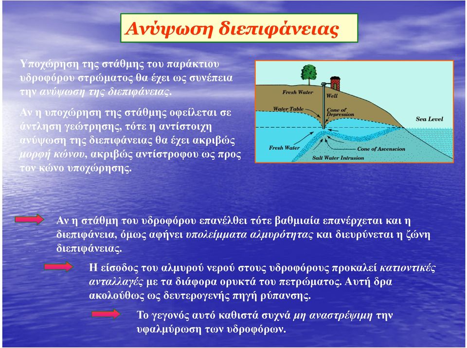 υποχώρησης. Αν η στάθµη του υδροφόρου επανέλθει τότε βαθµιαία επανέρχεται και η διεπιφάνεια, όµως αφήνει υπολείµµατα αλµυρότητας και διευρύνεται η ζώνη διεπιφάνειας.