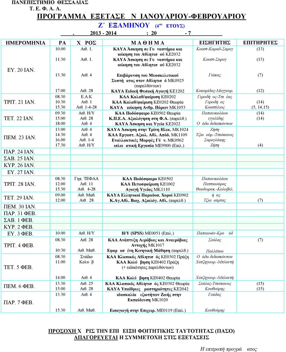 00 Επιβάρυνση του Μυοσκελετικού Συστήματος στον Αθλητισμό ΜΚ0925 (παρελθόντων) ΚΑΥΑ Ειδική Φυσική Αγωγή ΚΕ1202 Γιάκας Κοκαρίδας-Μαγγουρ. (7) (12) 10.30 Ε.Α.Κ -4-28 ΚΑΑ Καλαθ/φαίριση ΚΕ0202 ΚΑΑ Καλαθ/φαίριση ΚΕ0202 Θεωρία ΚΑΥΑ Διοίκηση Ανθρ.