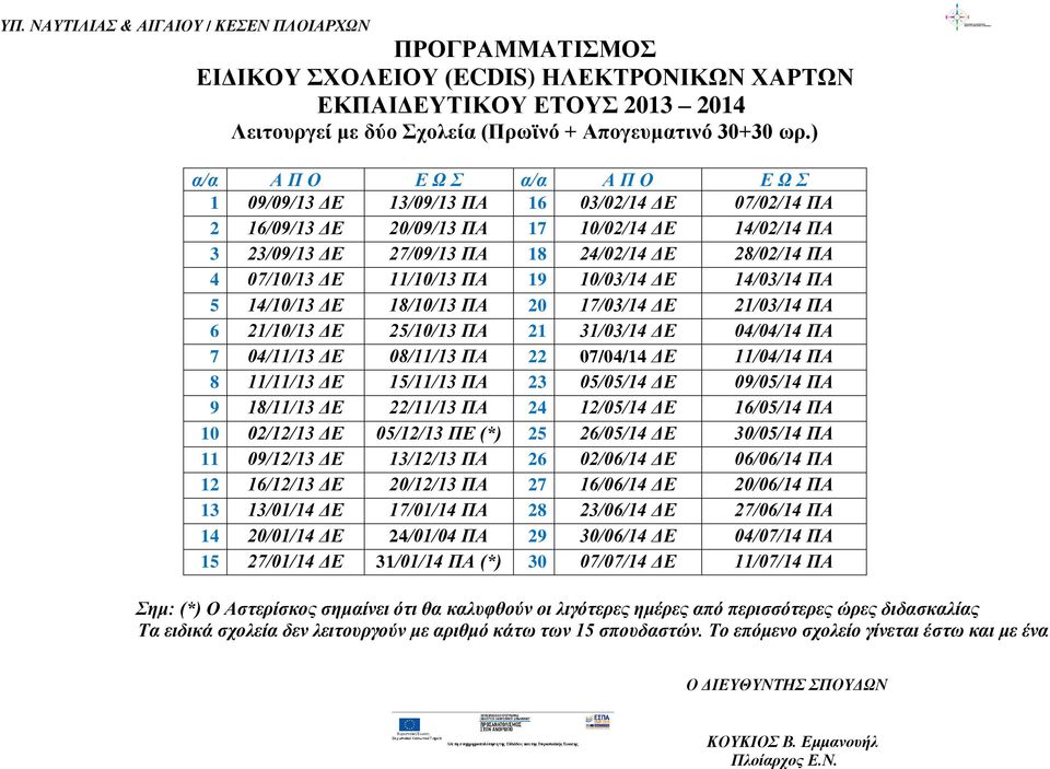 07/10/13 ΔΕ 11/10/13 ΠΑ 19 10/03/14 ΔΕ 14/03/14 ΠΑ 5 14/10/13 ΔΕ 18/10/13 ΠΑ 20 17/03/14 ΔΕ 21/03/14 ΠΑ 6 21/10/13 ΔΕ 25/10/13 ΠΑ 21 31/03/14 ΔΕ 04/04/14 ΠΑ 7 04/11/13 ΔΕ 08/11/13 ΠΑ 22 07/04/14 ΔΕ