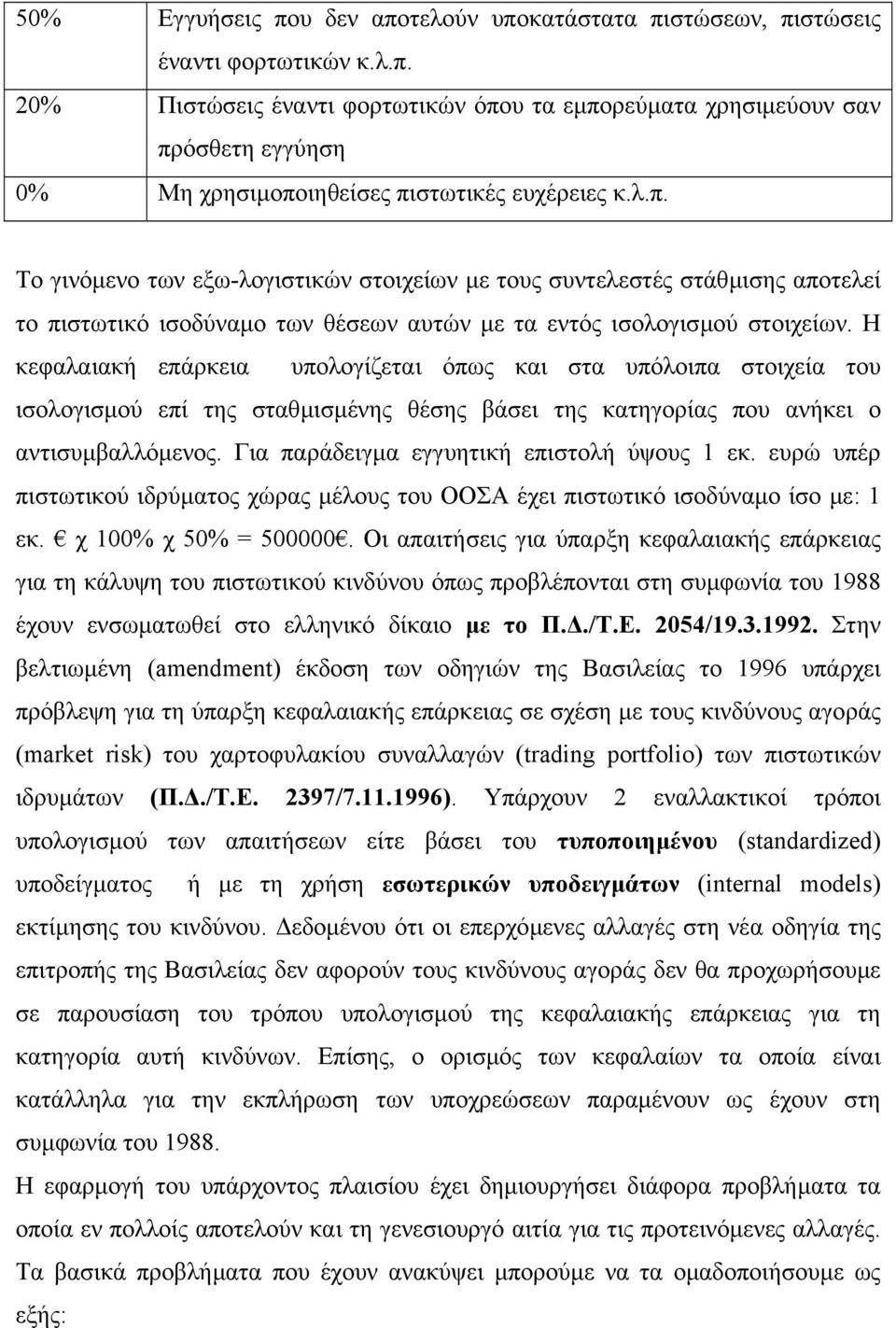 Η κεφαλαιακή επάρκεια υπολογίζεται όπως και στα υπόλοιπα στοιχεία του ισολογισµού επί της σταθµισµένης θέσης βάσει της κατηγορίας που ανήκει ο αντισυµβαλλόµενος.