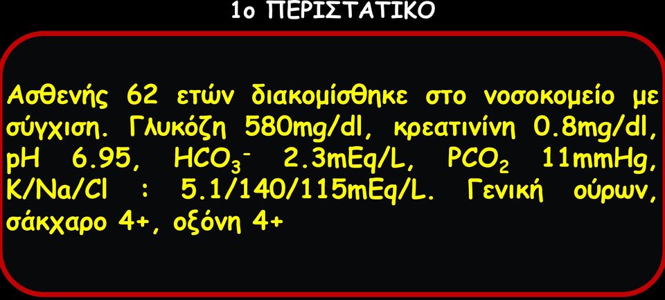 Γλυκόζη 580mg/dl, κρεατινίνη 0.8mg/dl, ph 6.