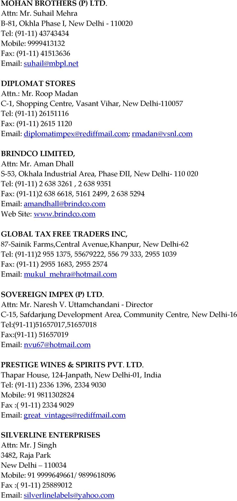 Aman Dhall S 53, Okhala Industrial Area, Phase ÐII, New Delhi 110 020 Tel: (91 11) 2 638 3261, 2 638 9351 Fax: (91 11)2 638 6618, 5161 2499, 2 638 5294 Email: amandhall@brindco.com Web Site: www.