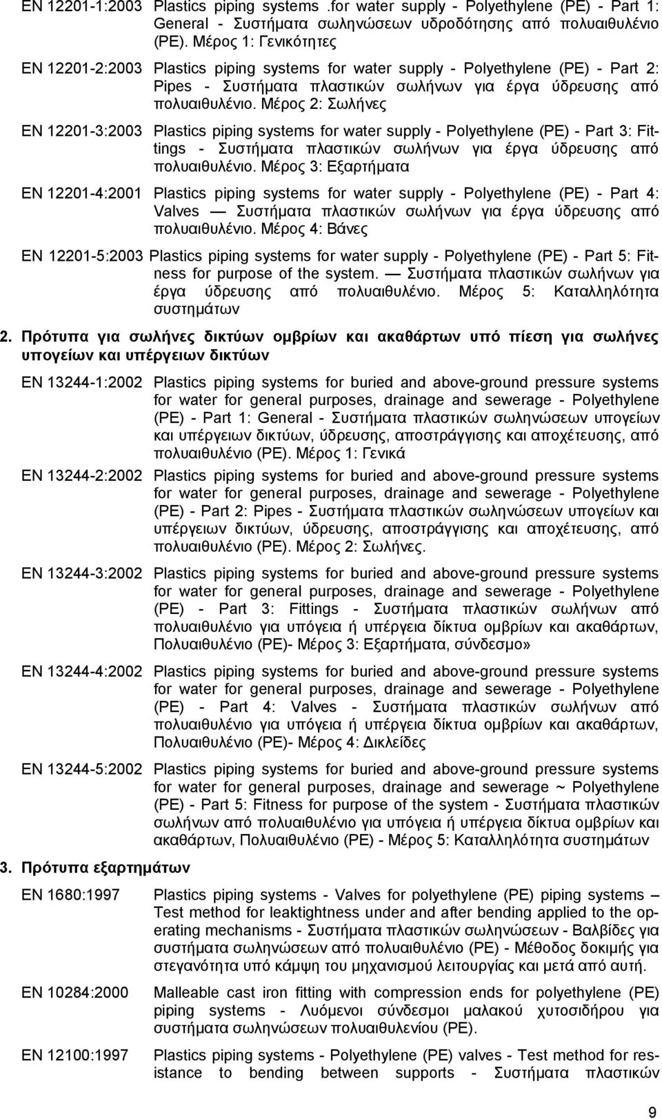 Μέρος 2: Σωλήνες ΕΝ 12201-3:2003 Plastics piping systems for water supply - Polyethylene (PE) - Part 3: Fittings - Συστήματα πλαστικών σωλήνων για έργα ύδρευσης από πολυαιθυλένιο.