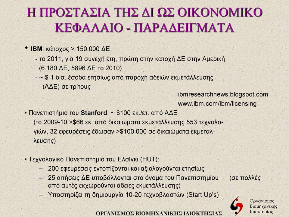 από δικαιώματα εκμετάλλευσης 553 τεχνολογιών, 32 εφευρέσεις έδωσαν >$100,000 σε δικαιώματα εκμετάλλευσης) Τεχνολογικό Πανεπιστήμιο του Ελσίνκι (HUT): 200 εφευρέσεις εντοπίζονται και αξιολογούνται