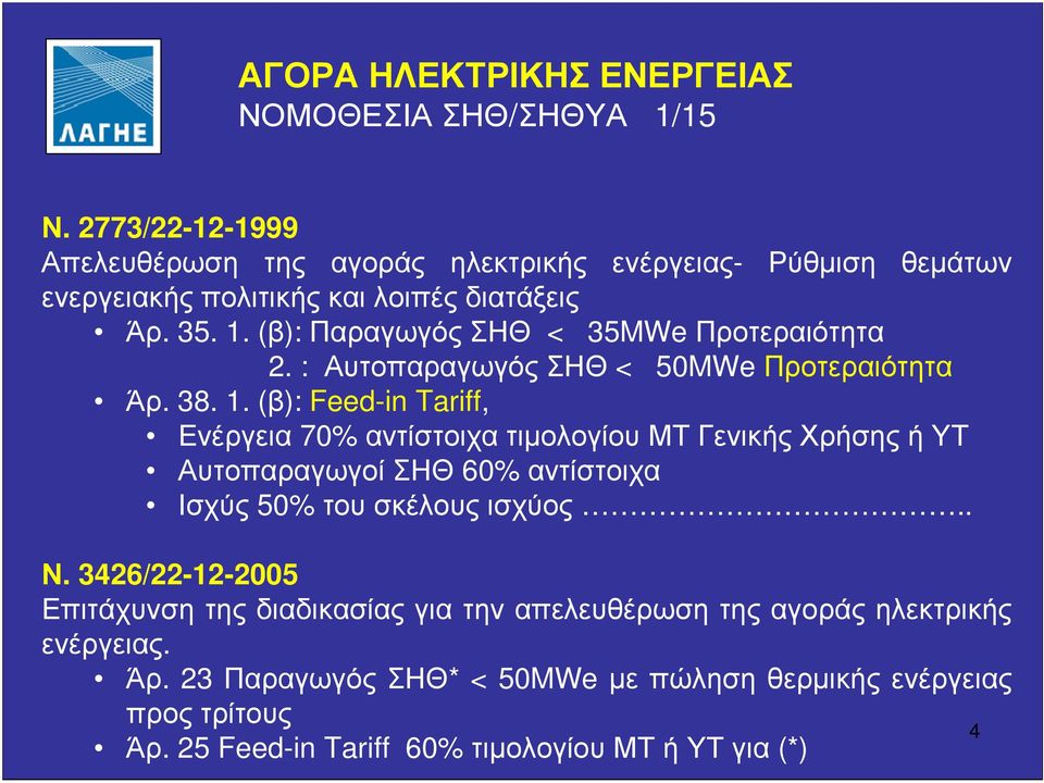 (β): Feed-in Tariff, Ενέργεια 70% αντίστοιχα τιµολογίου ΜΤ Γενικής Χρήσης ή ΥΤ Αυτοπαραγωγοί ΣΗΘ 60% αντίστοιχα Ισχύς 50% του σκέλους ισχύος.. Ν.