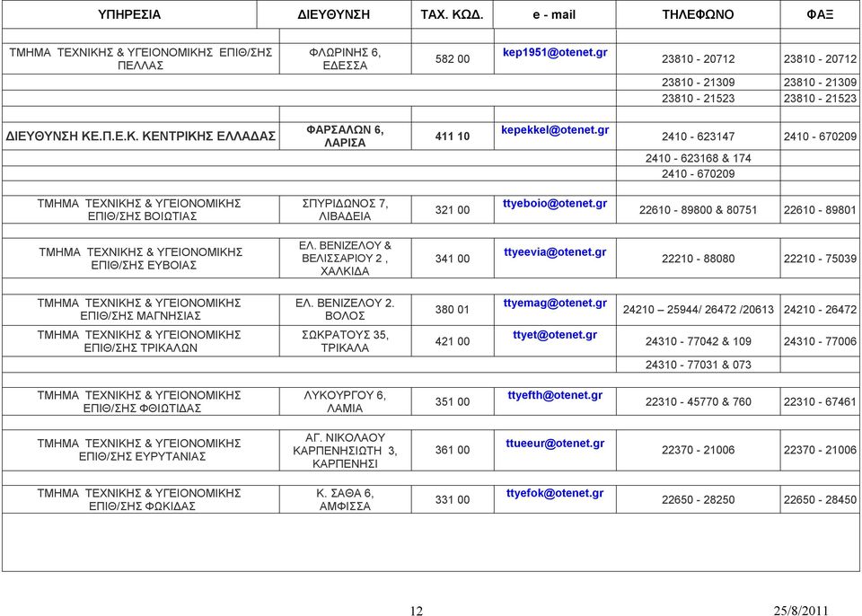 gr 22610-89800 & 80751 22610-89801 ΤΜΗΜΑ ΤΕΧΝΙΚΗΣ & ΥΓΕΙΟΝΟΜΙΚΗΣ ΕΠΙΘ/ΣΗΣ ΕΥΒΟΙΑΣ ΕΛ. ΒΕΝΙΖΕΛΟΥ & ΒΕΛΙΣΣΑΡΙΟΥ 2, ΧΑΛΚΙΔΑ 341 00 ttyeevia@otenet.