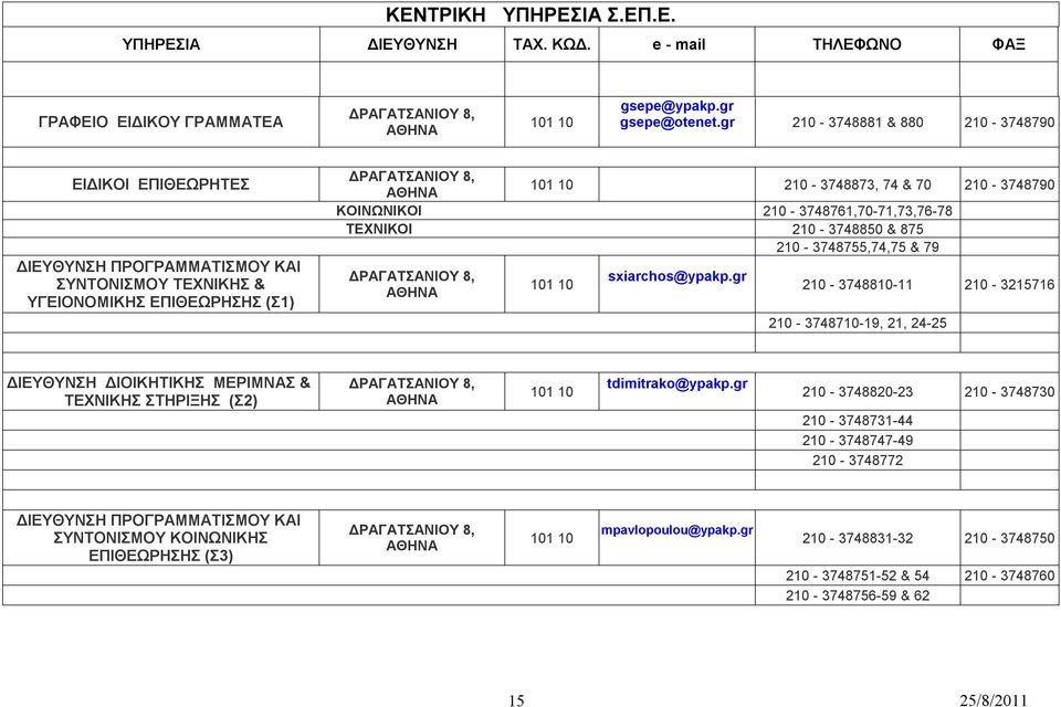 ΚΟΙΝΩΝΙΚΟΙ 210-3748761,70-71,73,76-78 ΤΕΧΝΙΚΟΙ 210-3748850 & 875 210-3748755,74,75 & 79 ΔΡΑΓΑΤΣΑΝΙΟΥ 8, ΑΘΗΝΑ 101 10 sxiarchos@ypakp.