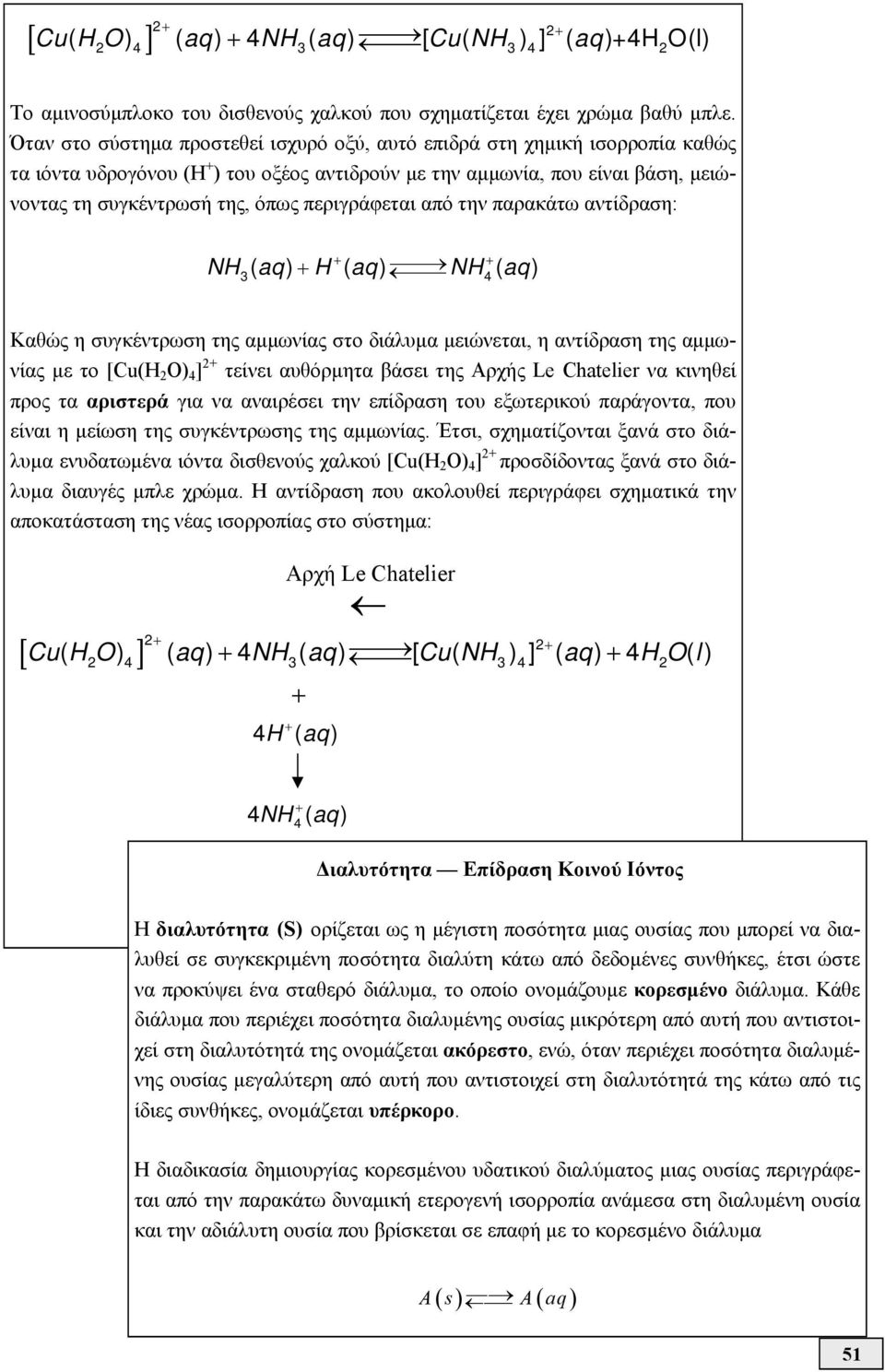 περιγράφεται από την παρακάτω αντίδραση: NH ( aq) + H ( aq) NH ( aq) + + 3 4 Καθώς η συγκέντρωση της αμμωνίας στο διάλυμα μειώνεται, η αντίδραση της αμμωνίας με το [Cu(H 2 O) 4 ] 2+ τείνει αυθόρμητα