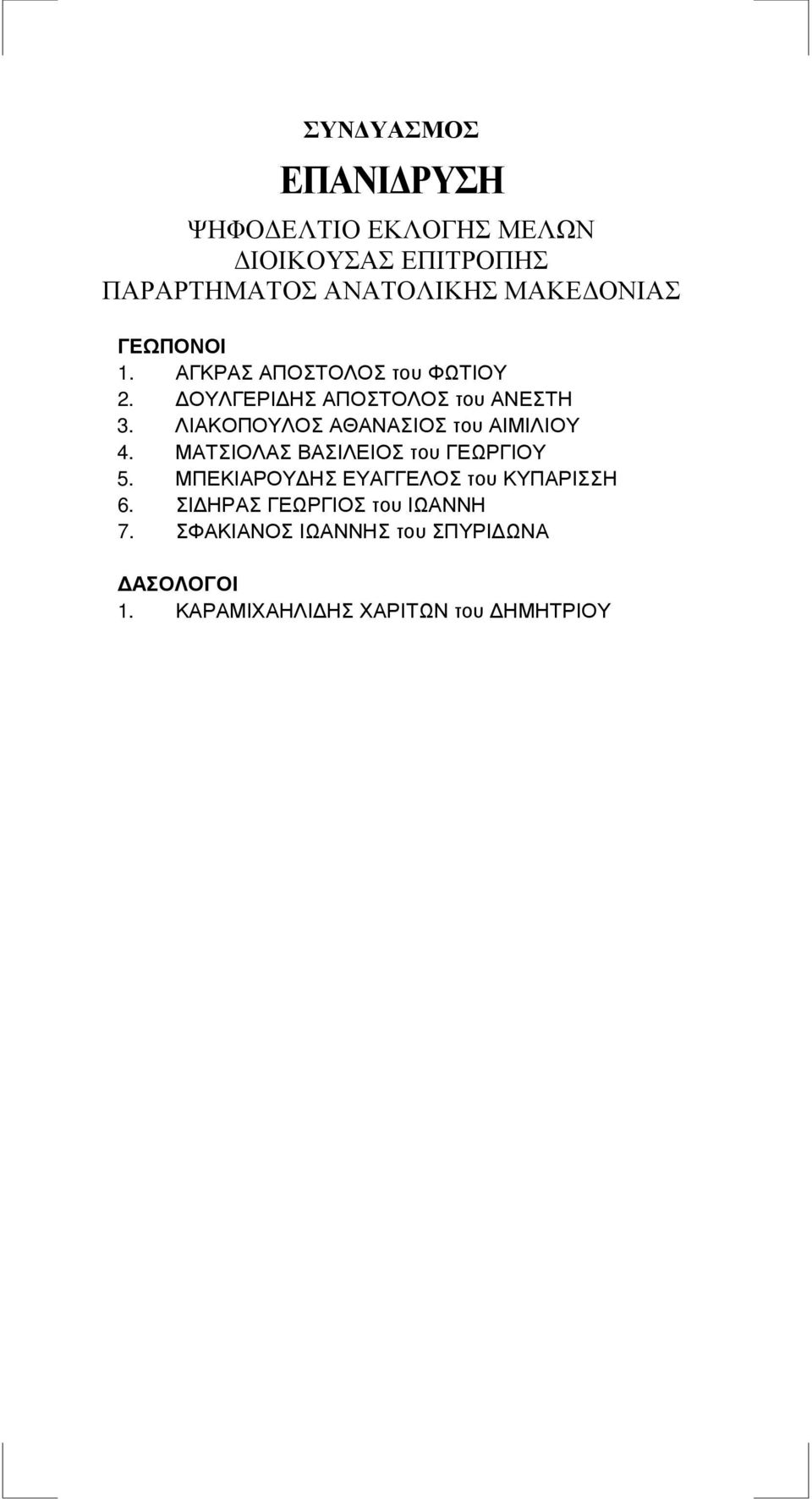 ΛΙΑΚΟΠΟΥΛΟΣ ΑΘΑΝΑΣΙΟΣ του ΑΙΜΙΛΙΟΥ 4. ΜΑΤΣΙΟΛΑΣ ΒΑΣΙΛΕΙΟΣ του ΓΕΩΡΓΙΟΥ 5.